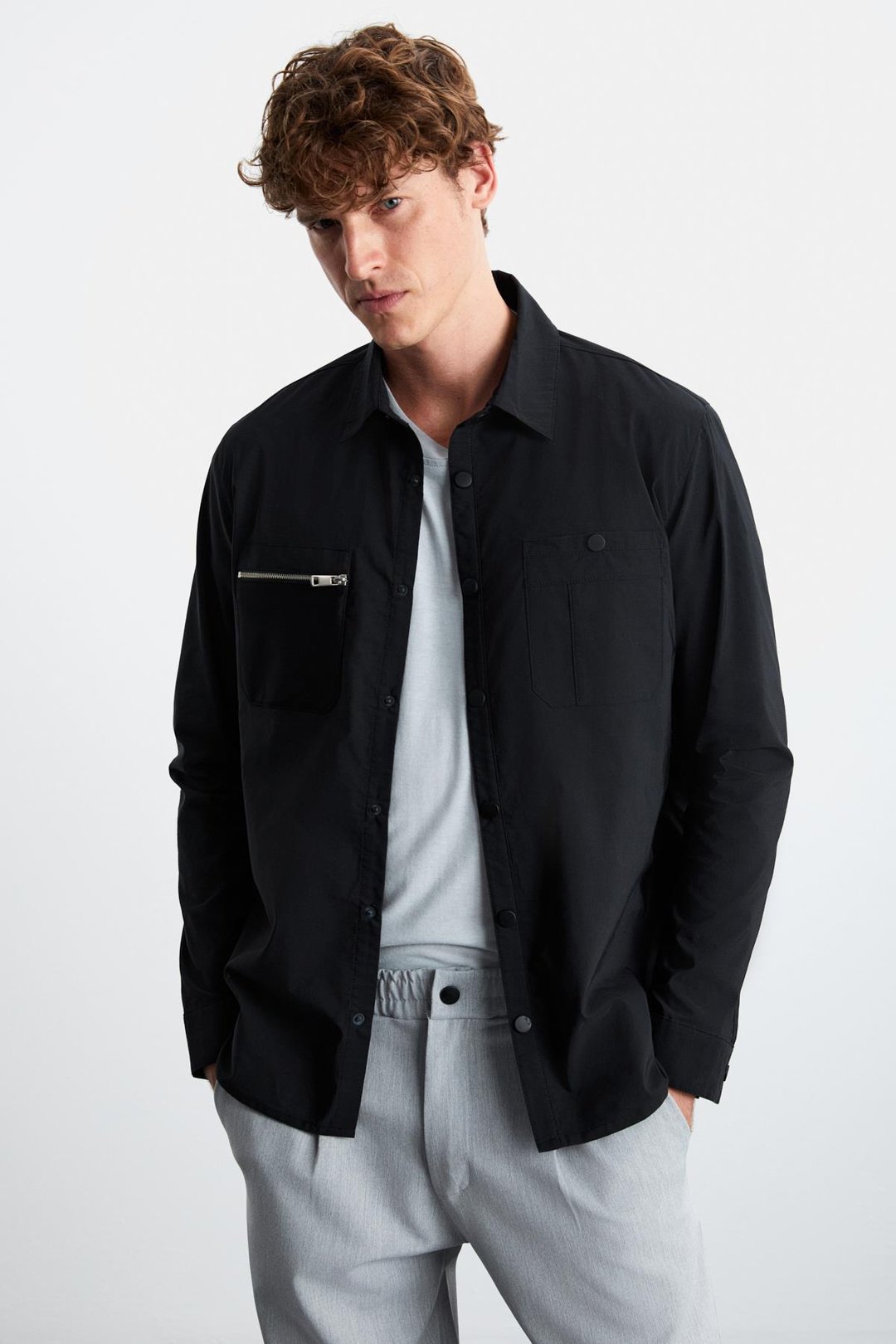 ANGELO Erkek Kalın Poplin Kumaşlı Dekoratif Fermuarlı Cepli Gömlek Tipi Siyah Ceket