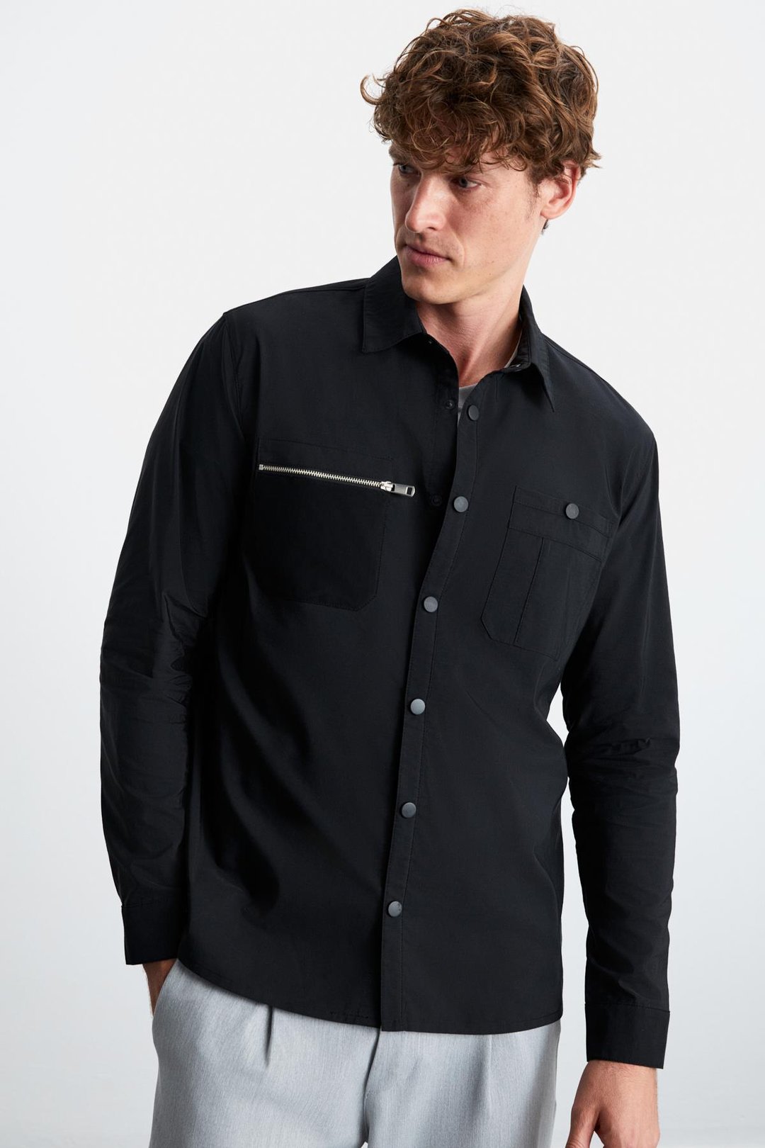 ANGELO Erkek Kalın Poplin Kumaşlı Dekoratif Fermuarlı Cepli Gömlek Tipi Siyah Ceket