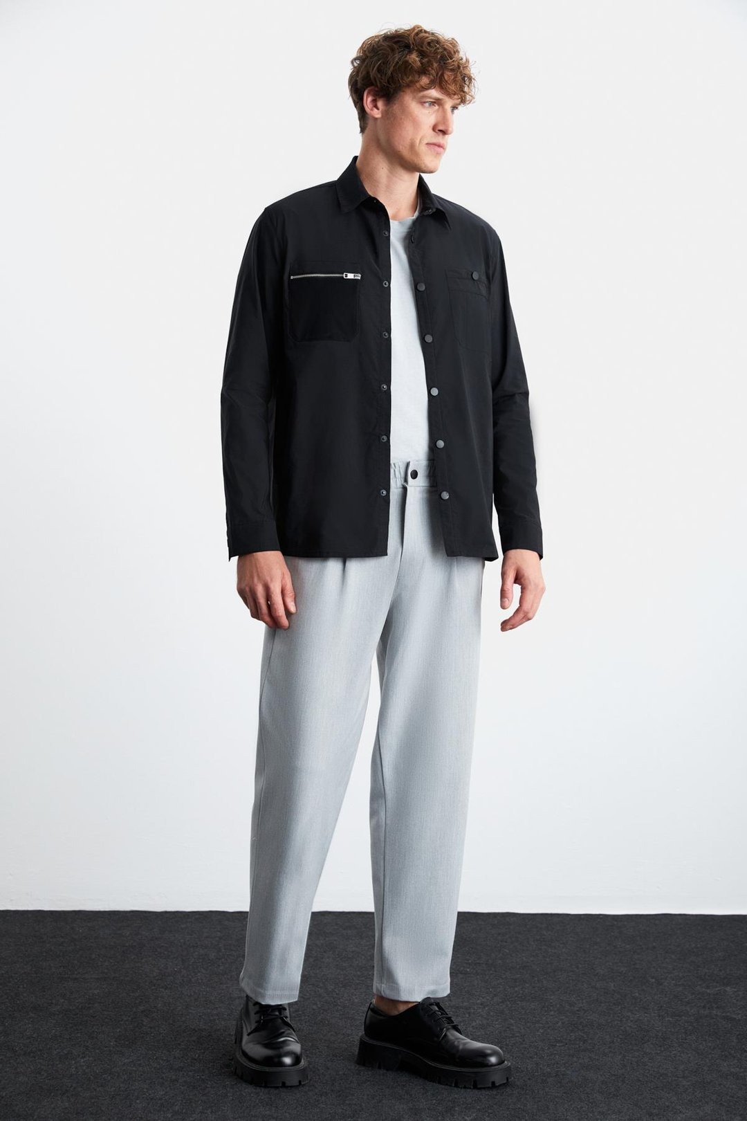 ANGELO Erkek Kalın Poplin Kumaşlı Dekoratif Fermuarlı Cepli Gömlek Tipi Siyah Ceket