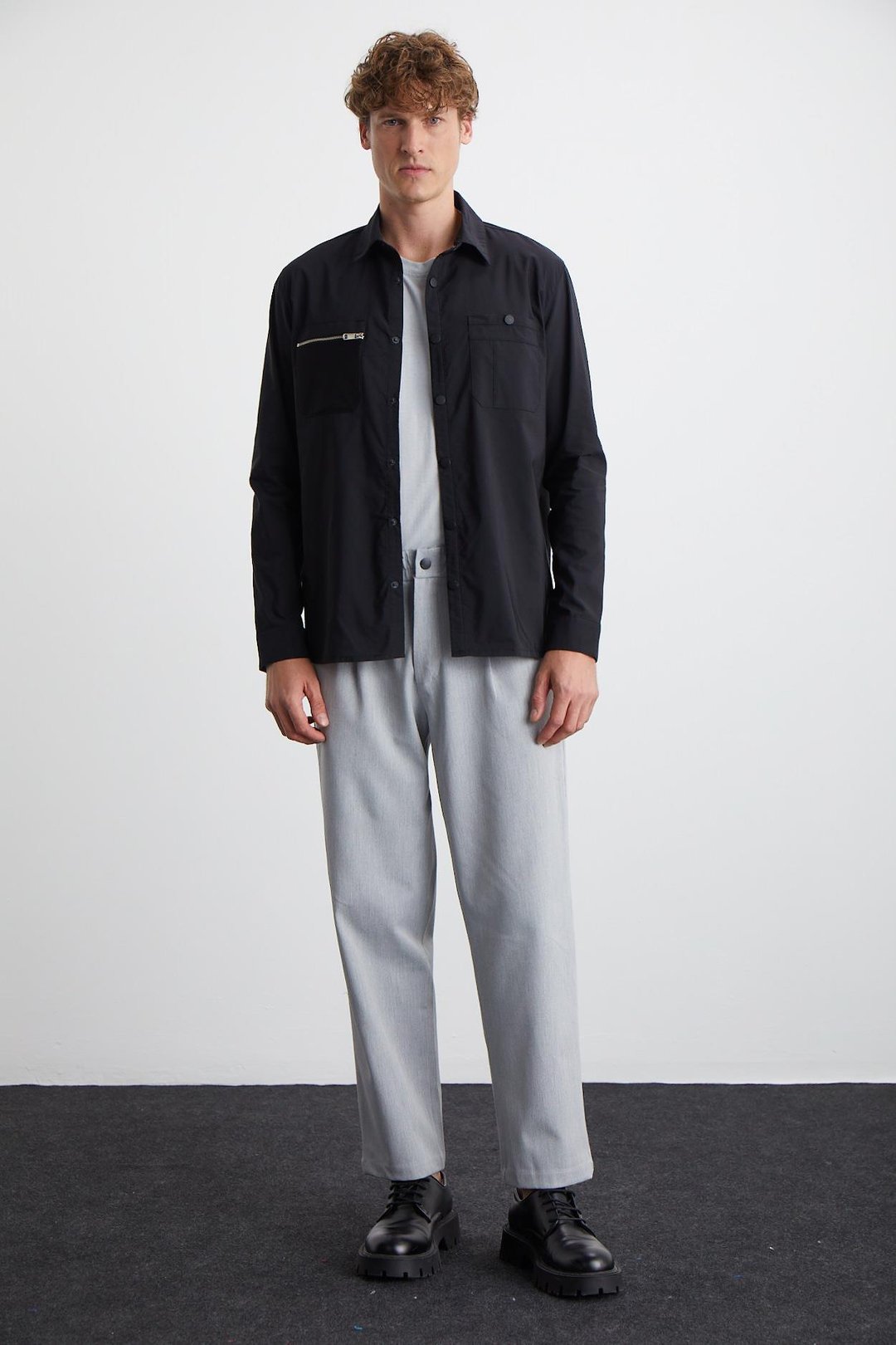 ANGELO Erkek Kalın Poplin Kumaşlı Dekoratif Fermuarlı Cepli Gömlek Tipi Siyah Ceket