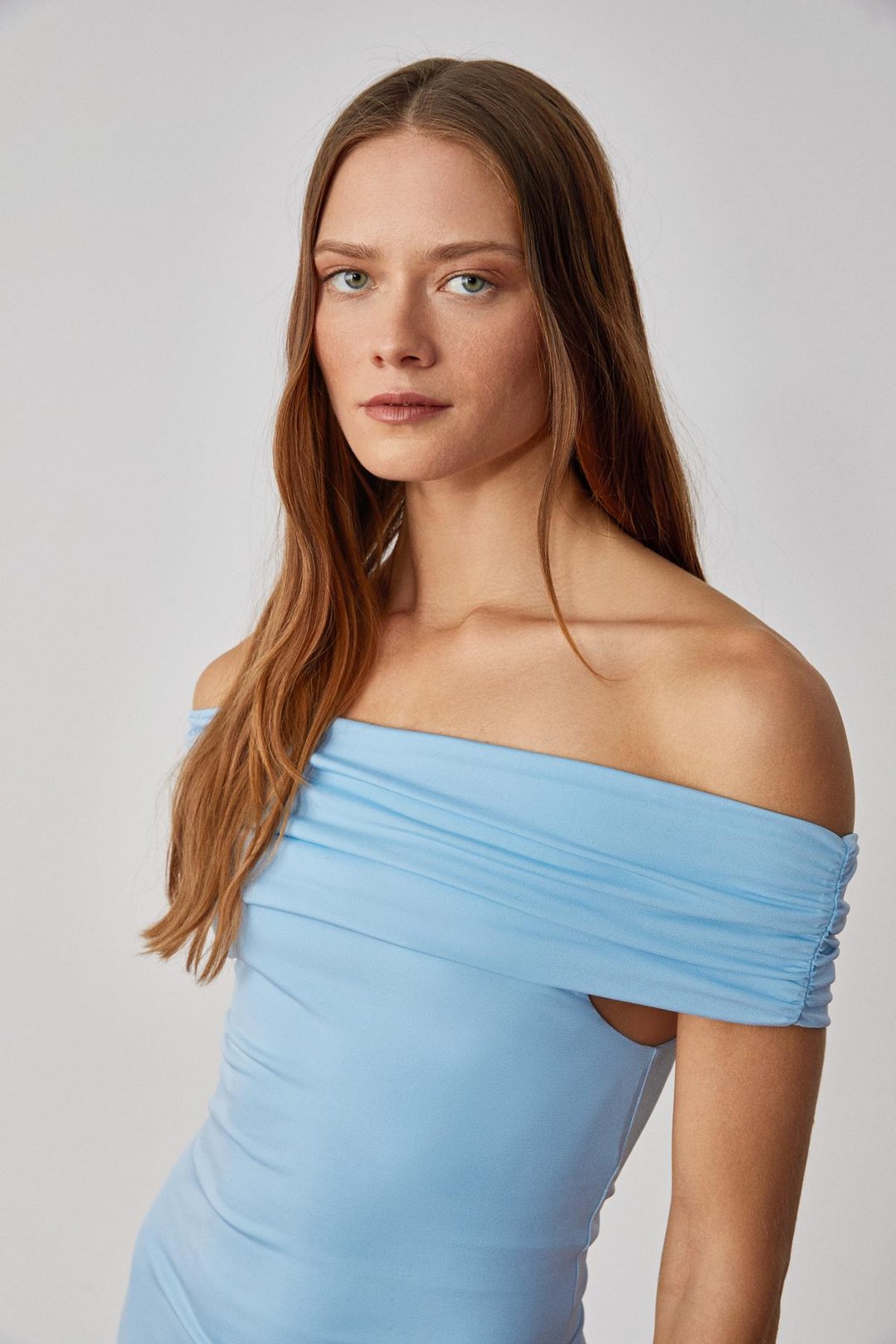 ANKALA Kadın Regular Kısa Kol Carmen Yaka Mavi Elbise