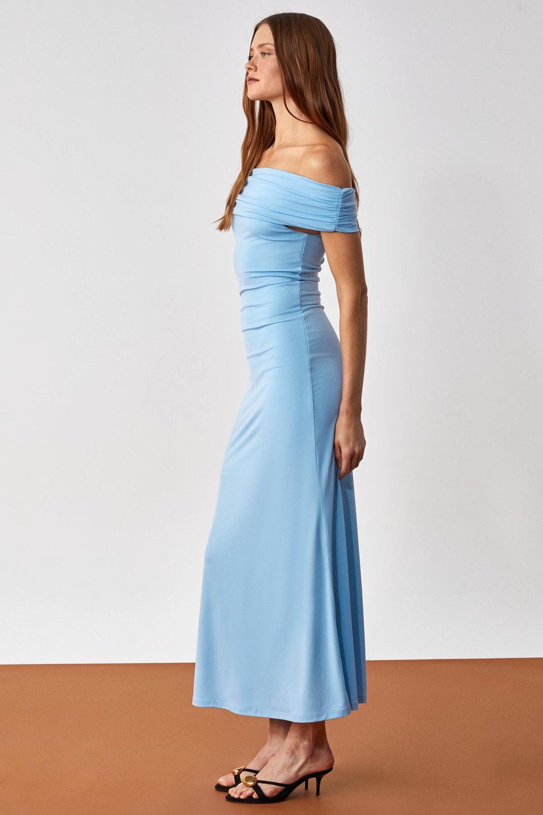 ANKALA Kadın Regular Kısa Kol Carmen Yaka Mavi Elbise