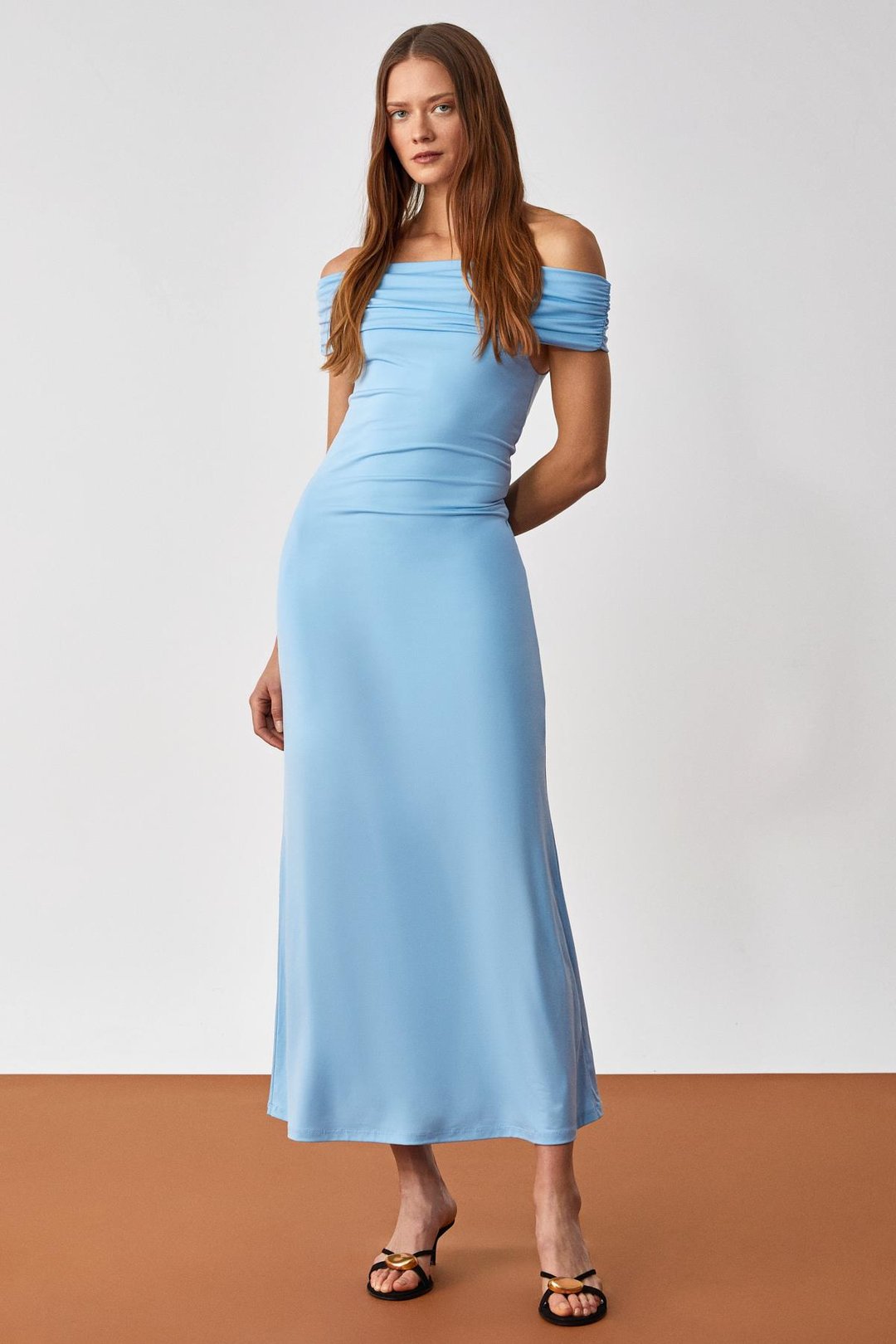 ANKALA Kadın Regular Kısa Kol Carmen Yaka Mavi Elbise