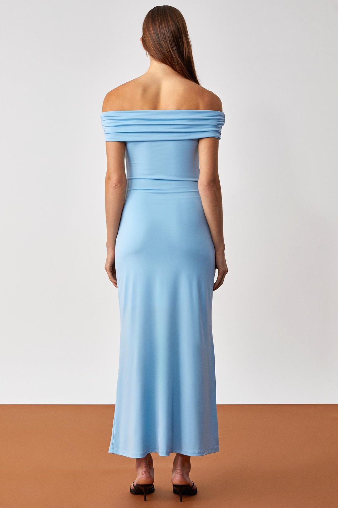 ANKALA Kadın Regular Kısa Kol Carmen Yaka Mavi Elbise