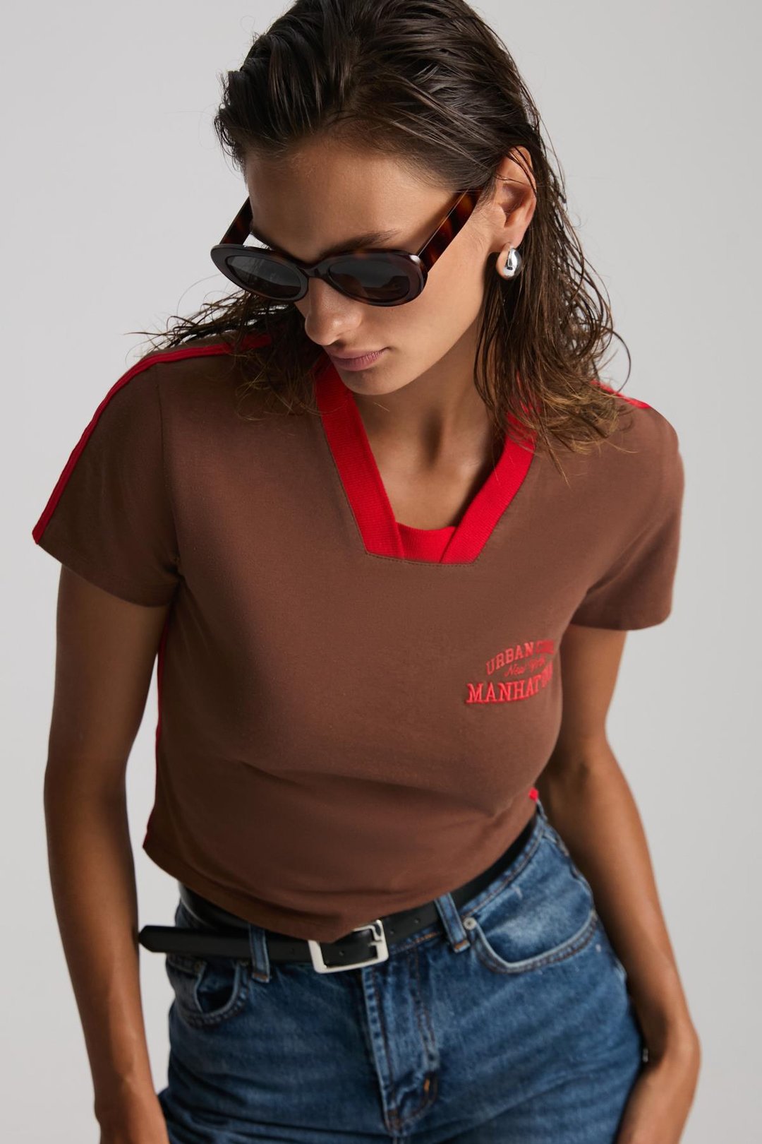 ARIANWEN %100 Polyester Kadın Kahverengi T-Shirt