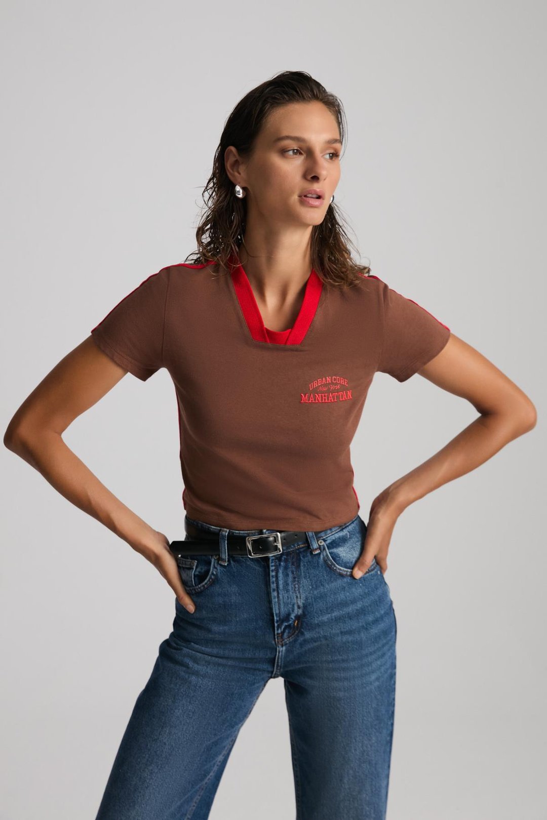 ARIANWEN %100 Polyester Kadın Kahverengi T-Shirt