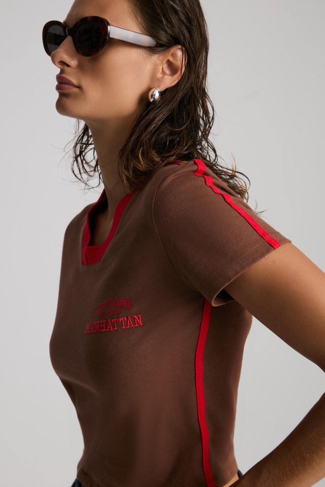 ARIANWEN %100 Polyester Kadın Kahverengi T-Shirt