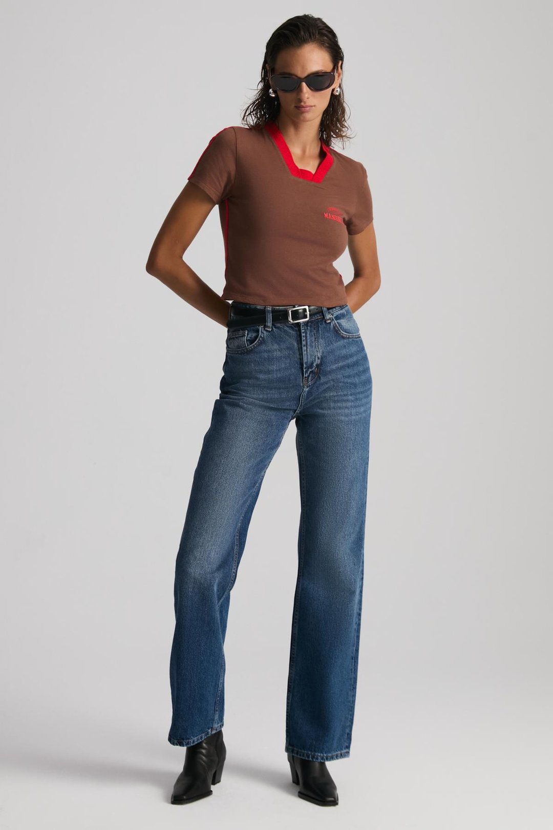 ARIANWEN %100 Polyester Kadın Kahverengi T-Shirt