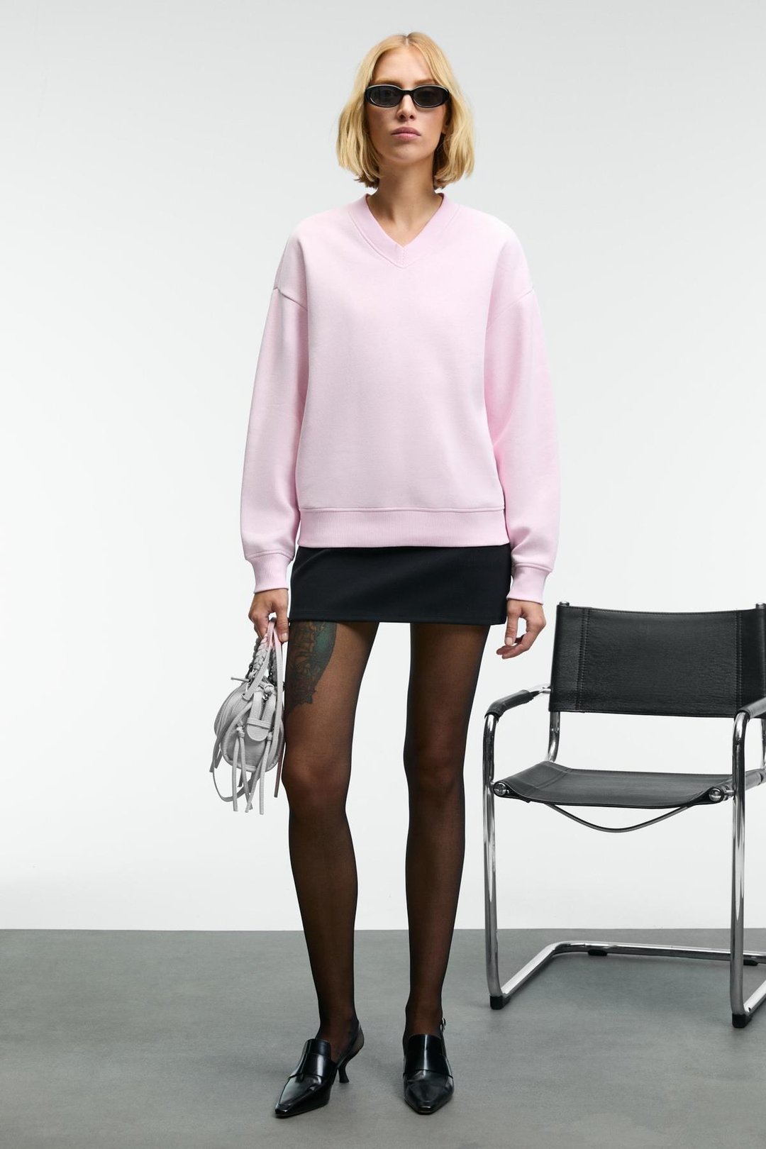 ARINEL Kadın V Yaka Regular Fit Pembe Sweatshirt