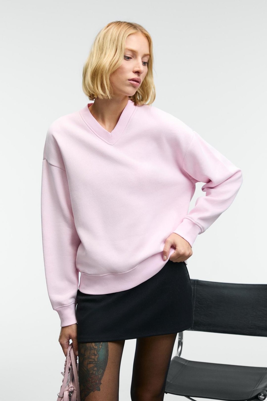 ARINEL Kadın V Yaka Regular Fit Pembe Sweatshirt
