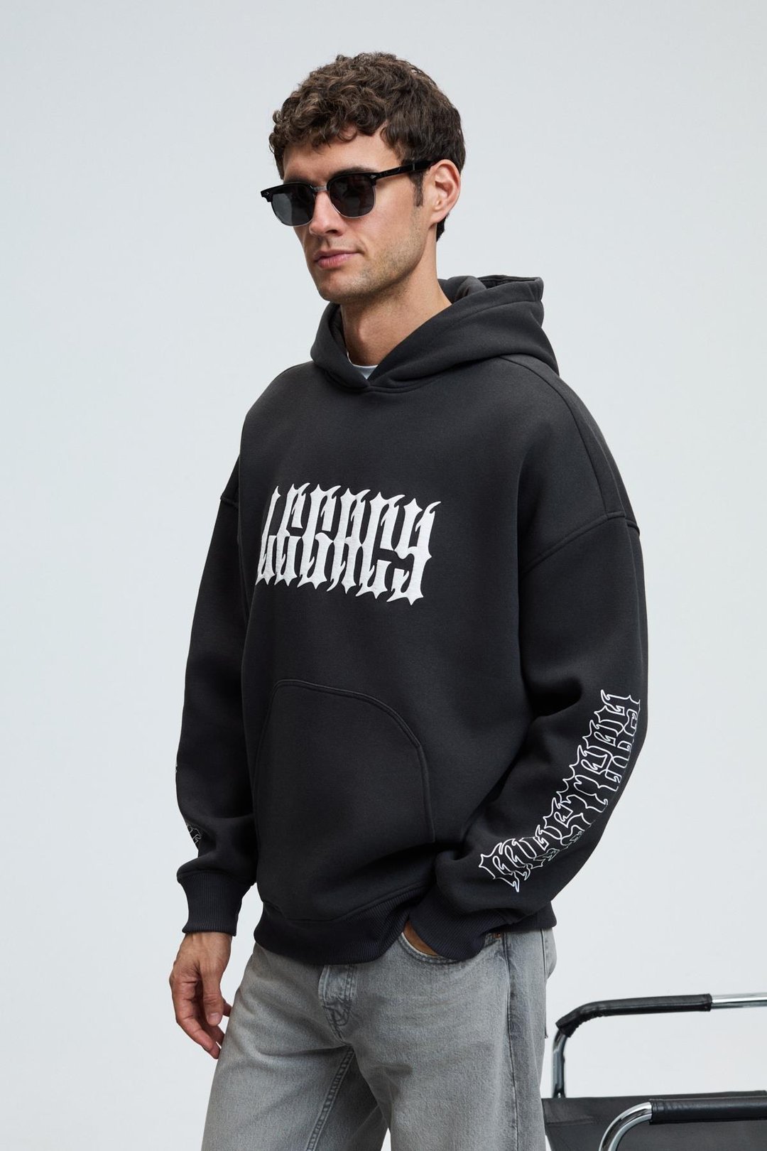 ARMAND Erkek Kapüşonlu Kanguru Cepli Önü Baskılı Oversize Antrasit Sweatshirt