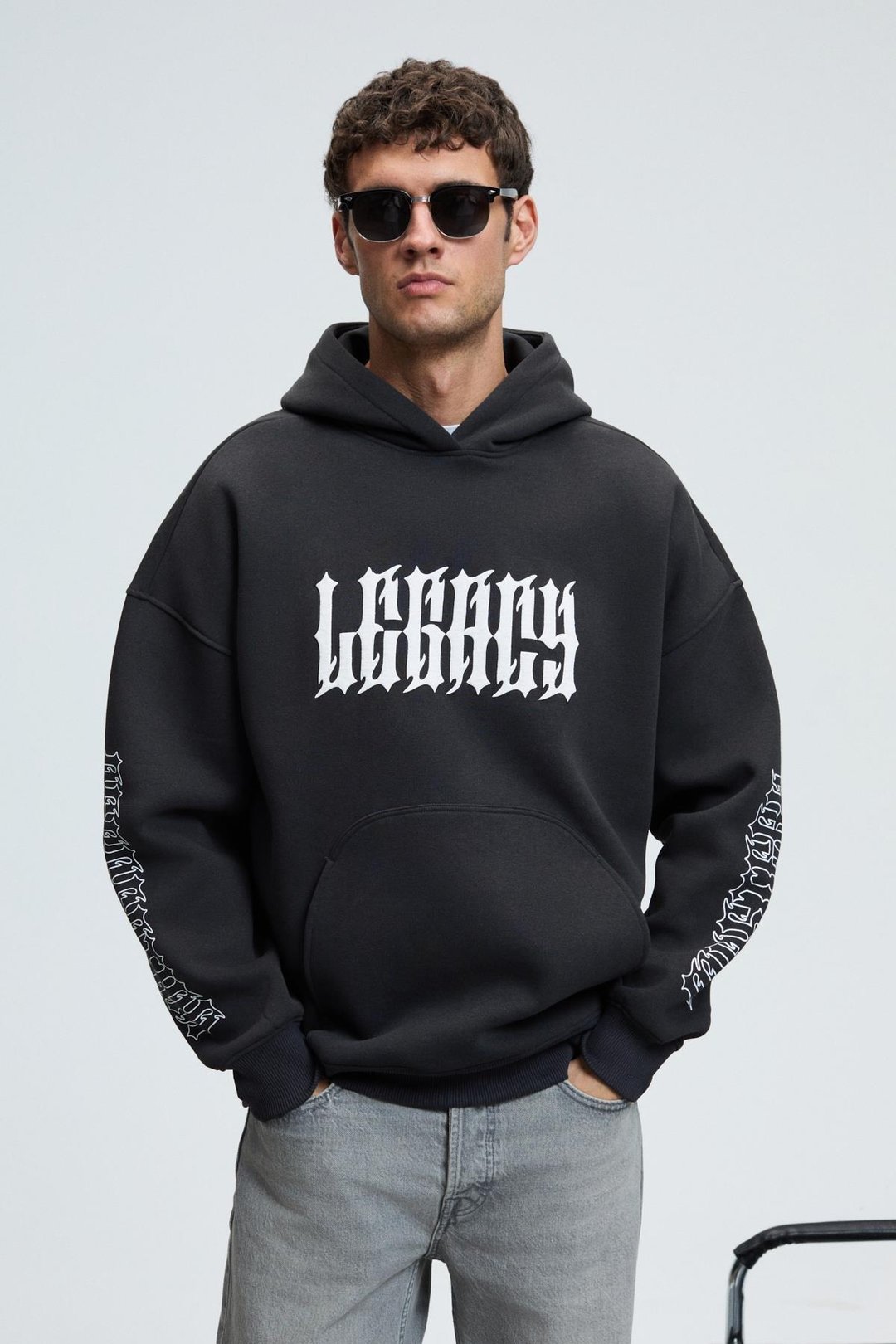 ARMAND Erkek Kapüşonlu Kanguru Cepli Önü Baskılı Oversize Antrasit Sweatshirt