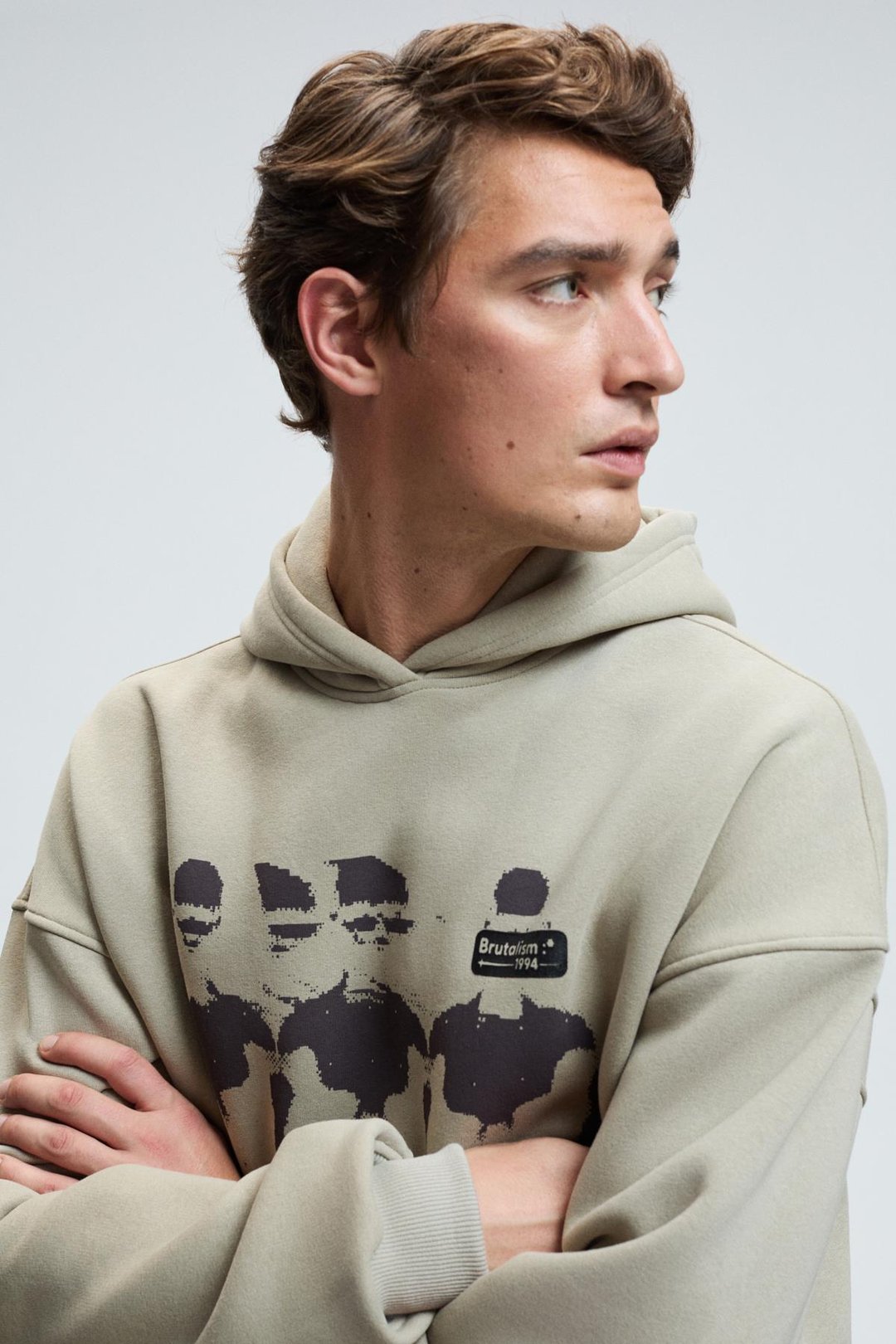 ARMAND Erkek Kapüşonlu Kanguru Cepli Önü Baskılı Oversize Taş Rengi Sweatshirt