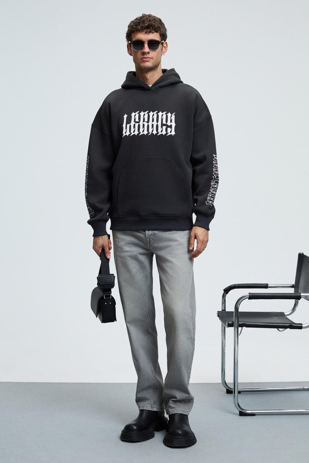 ARMAND Erkek Kapüşonlu Kanguru Cepli Önü Baskılı Oversize Antrasit Sweatshirt