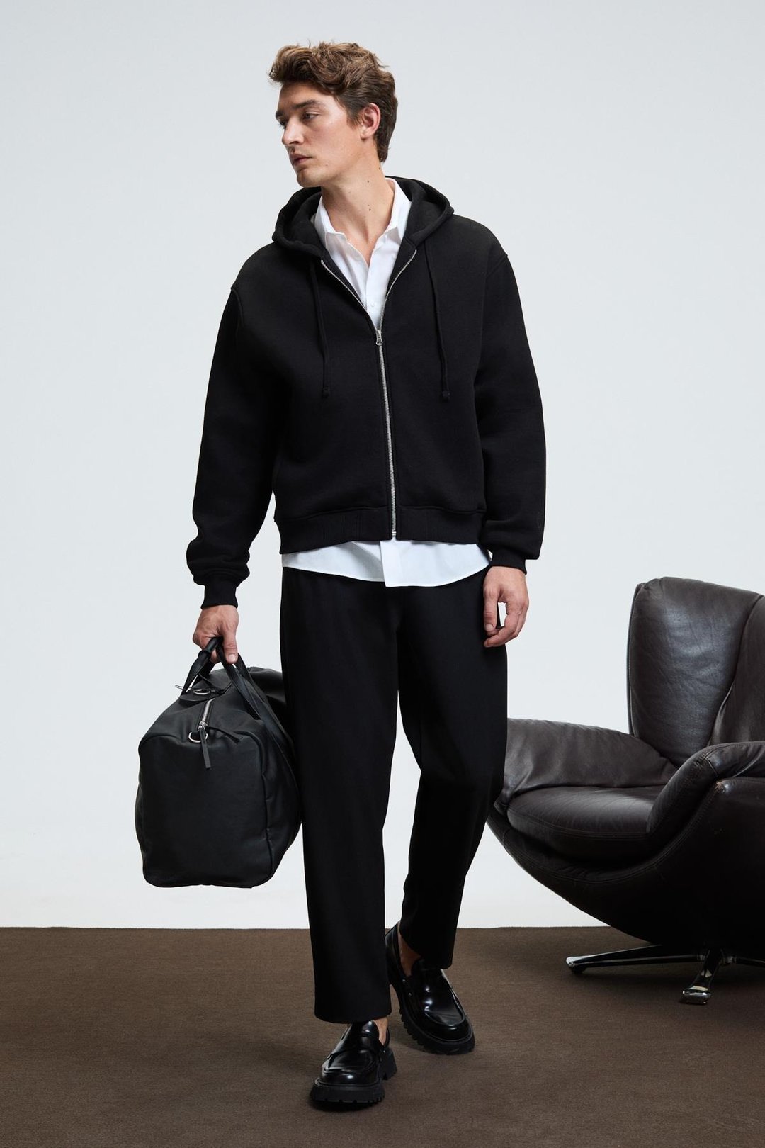 ASHBY Erkek Kapüşonlu Fermuarlı Cepli Kordonlu Regular Fit Siyah Sweatshirt