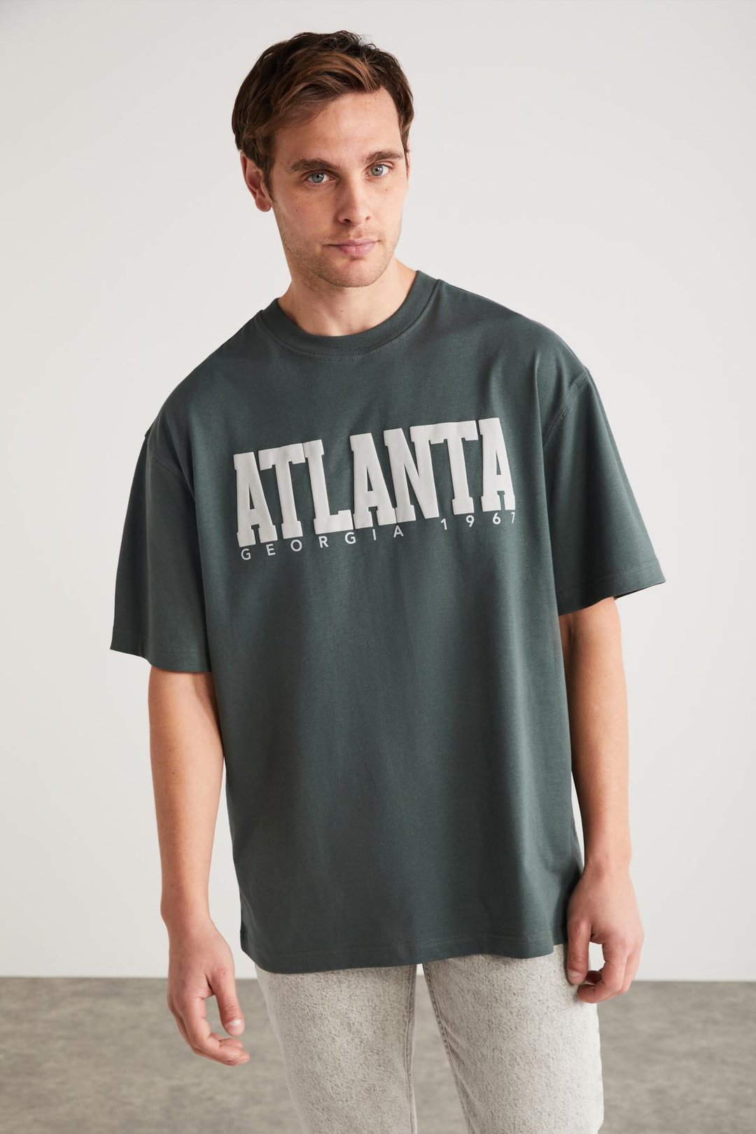 ATLANTA Erkek %100 Pamuklu Kısa Kollu Baskı Detaylı Yeşil T-Shirt