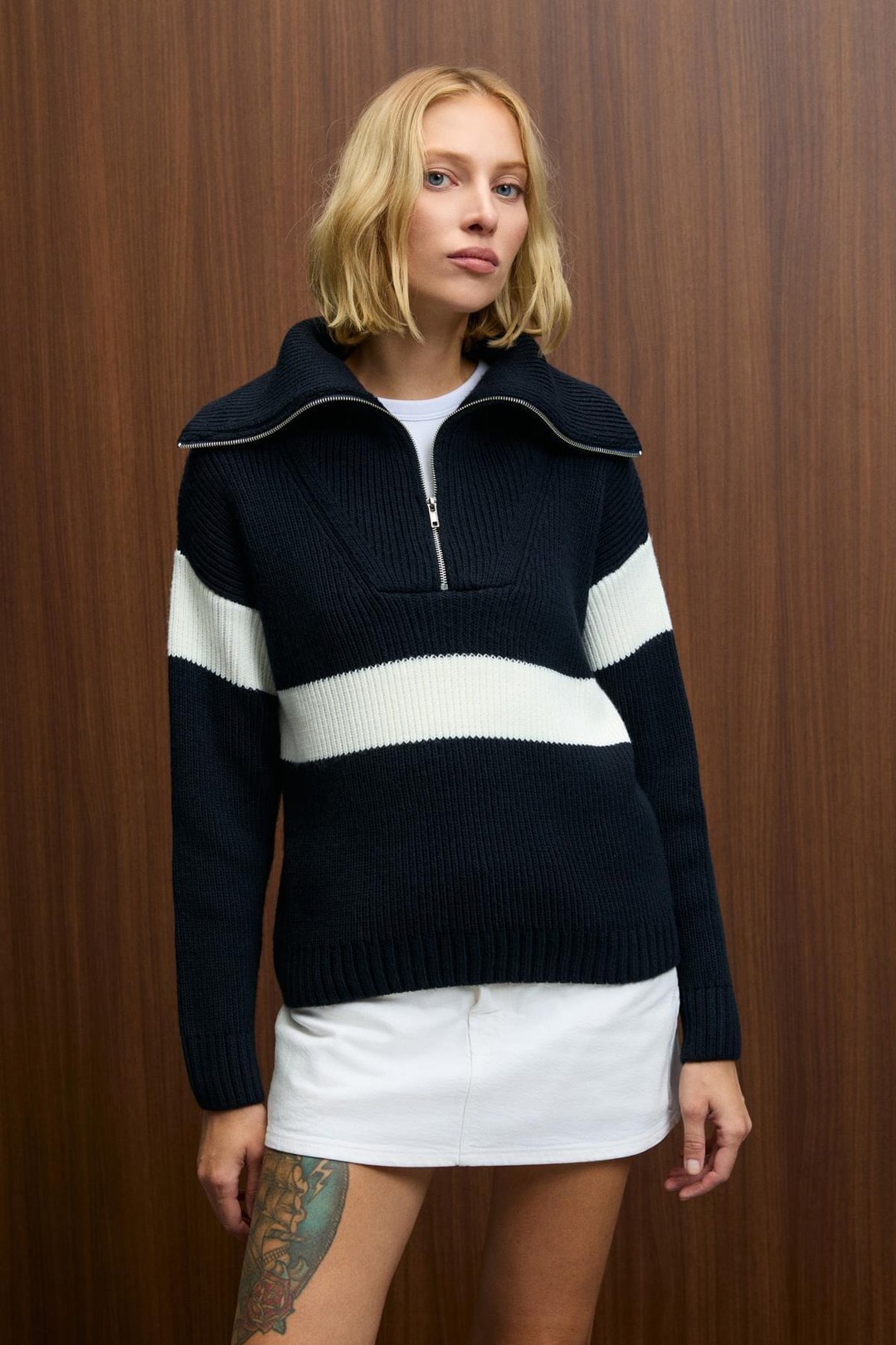 AUDAZ Kadın Fermuarlı Dik Yakalı Uzun Kollu Relaxed Fit Triko Lacivert - Ekru Kazak