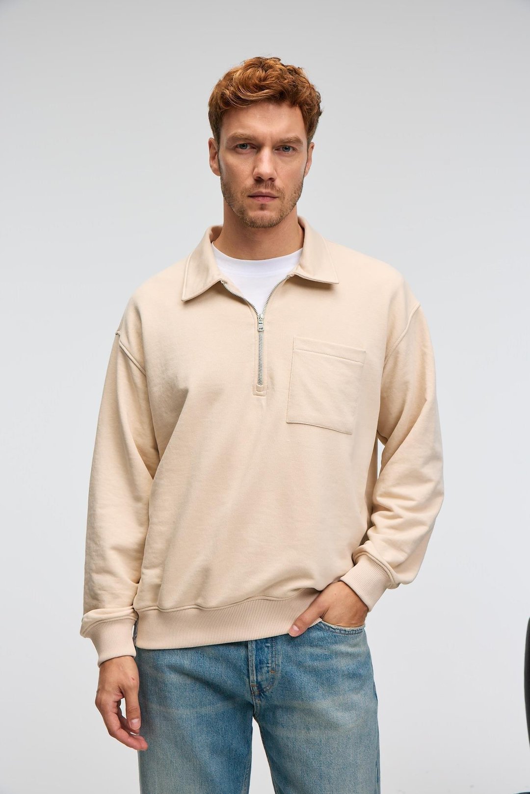 AUGUST Erkek %100 Pamuk Yarım Fermuarlı Yakalı Cepli Süs Etiketli Bej Sweatshirt