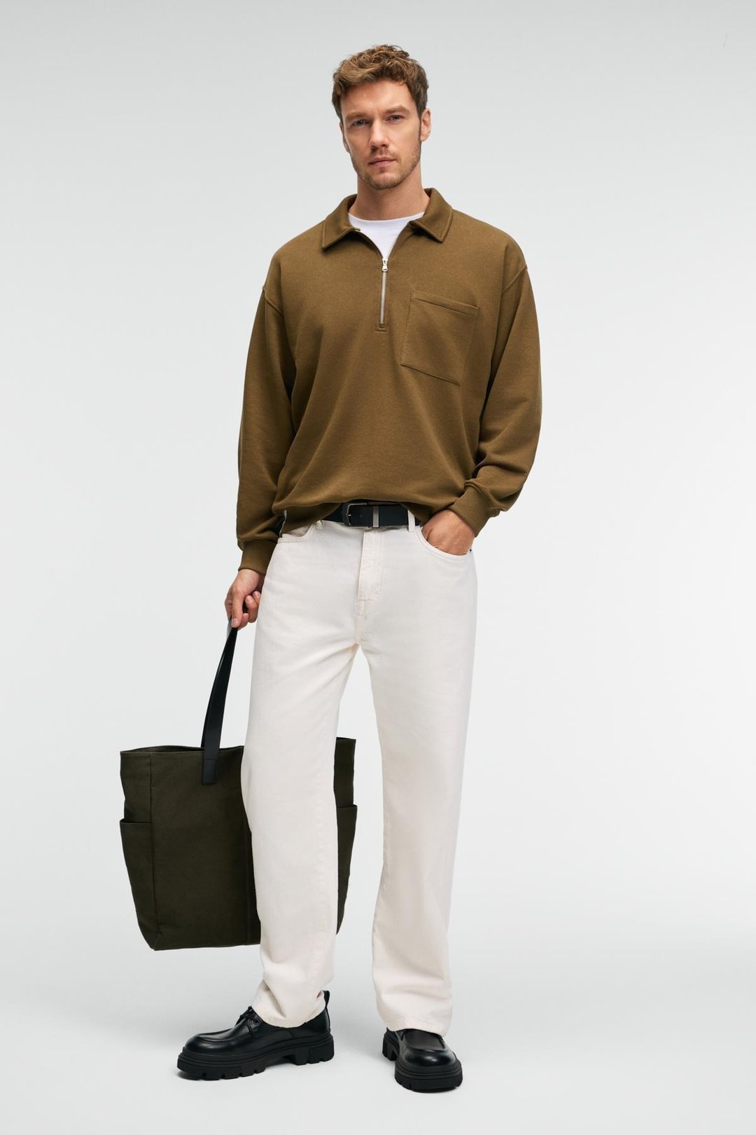AUGUST Erkek %100 Pamuk Yarım Fermuarlı Yakalı Cepli Süs Etiketli Haki Sweatshirt