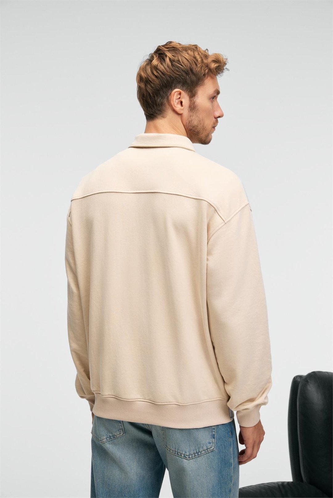 AUGUST Erkek %100 Pamuk Yarım Fermuarlı Yakalı Cepli Süs Etiketli Bej Sweatshirt