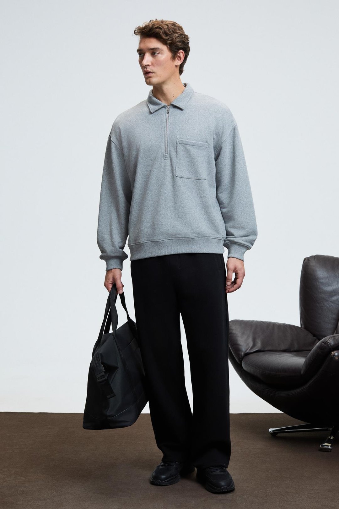 AUGUST Erkek %100 Pamuk Yarım Fermuarlı Yakalı Cepli Süs Etiketli Grimelanj Sweatshirt