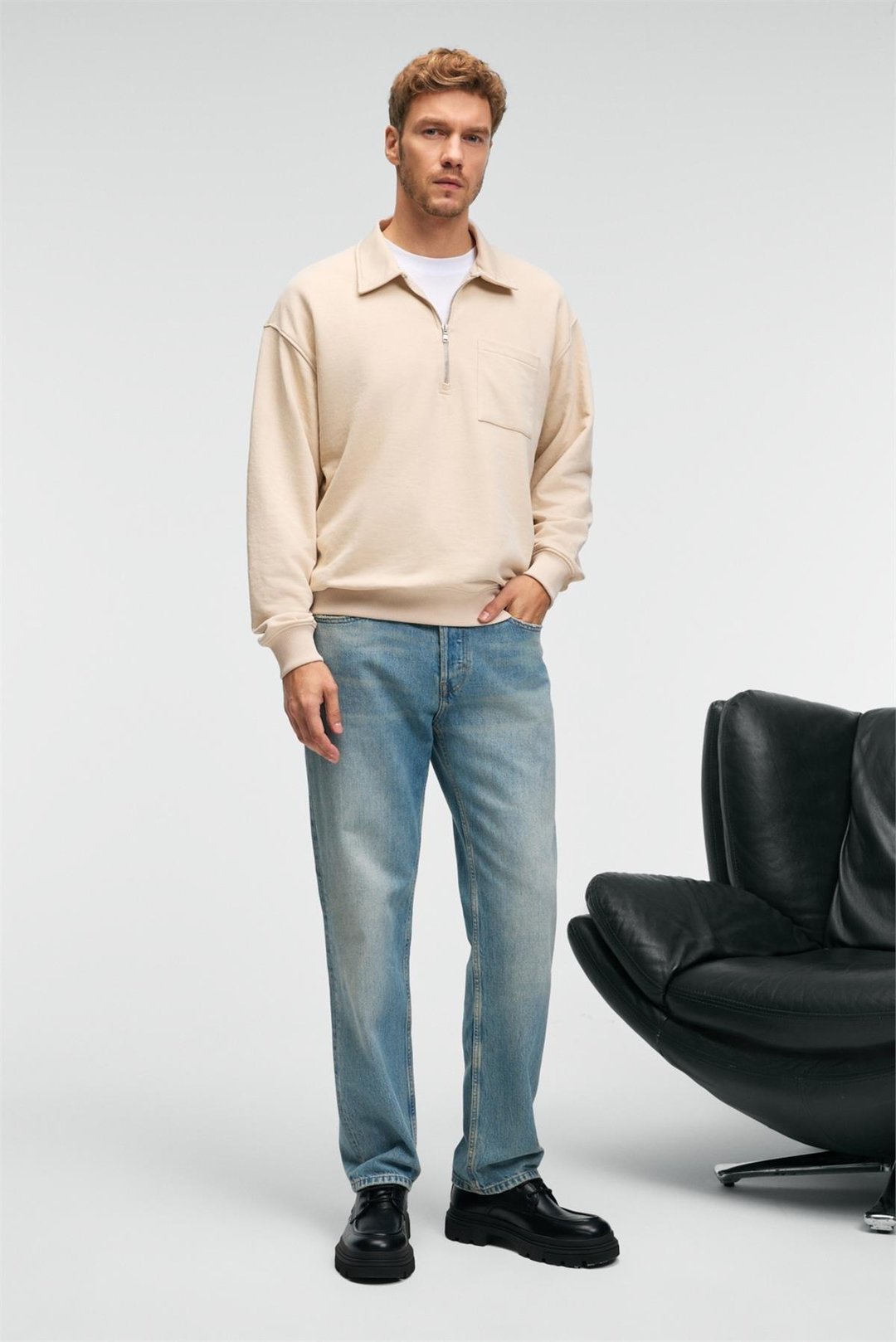 AUGUST Erkek %100 Pamuk Yarım Fermuarlı Yakalı Cepli Süs Etiketli Bej Sweatshirt