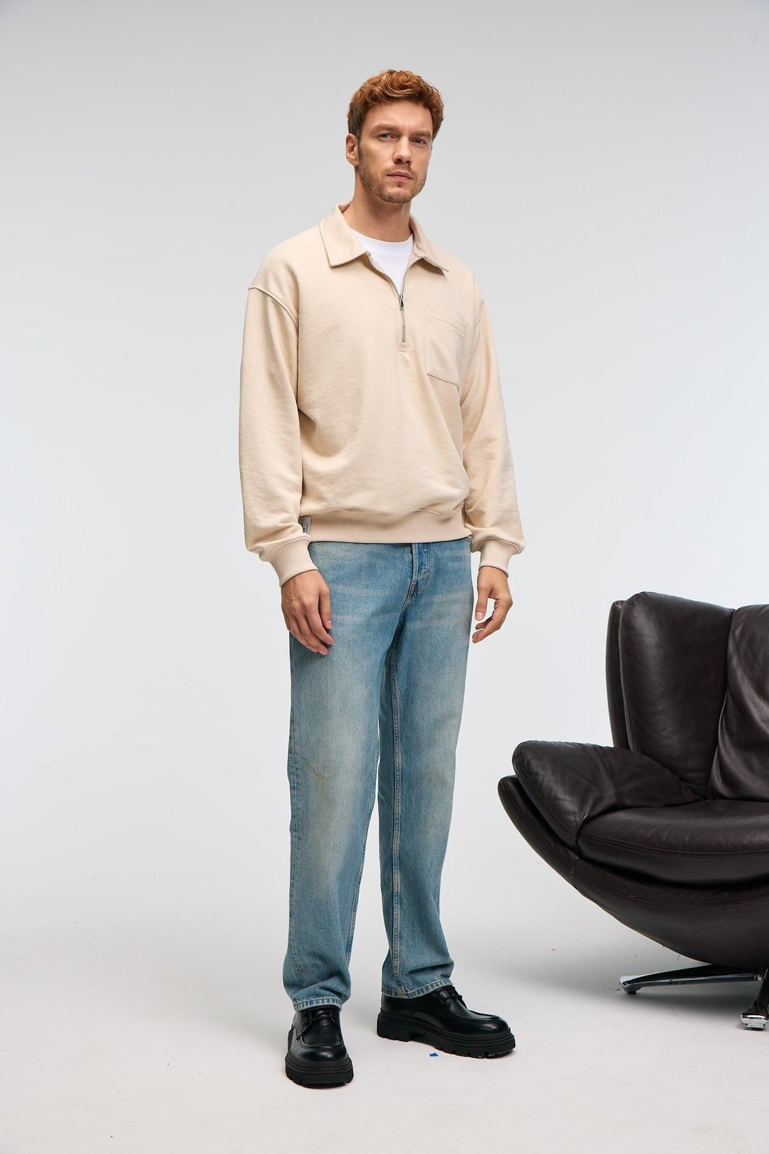 AUGUST Erkek %100 Pamuk Yarım Fermuarlı Yakalı Cepli Süs Etiketli Bej Sweatshirt