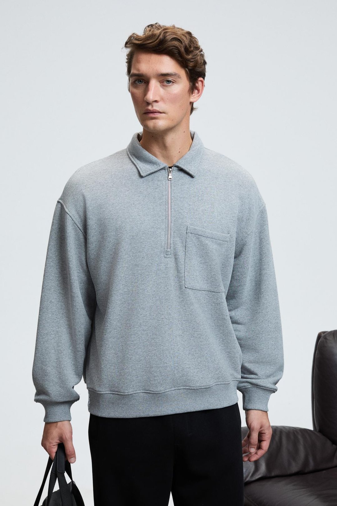 AUGUST Erkek %100 Pamuk Yarım Fermuarlı Yakalı Cepli Süs Etiketli Grimelanj Sweatshirt