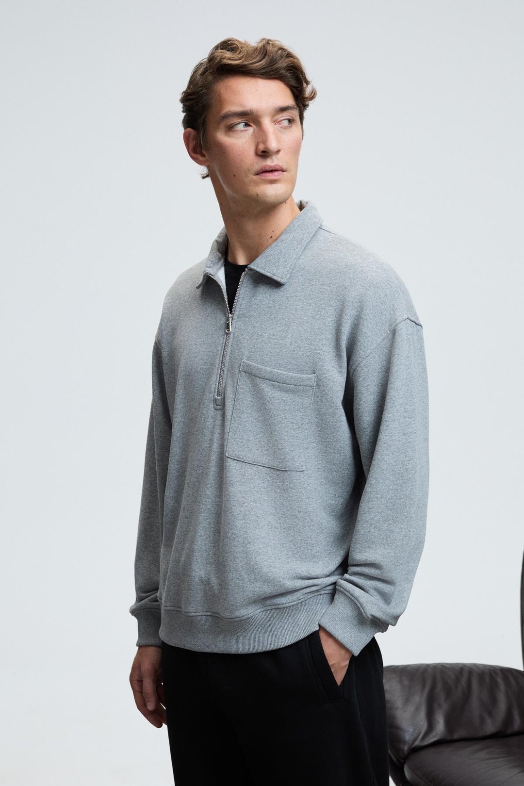 AUGUST Erkek %100 Pamuk Yarım Fermuarlı Yakalı Cepli Süs Etiketli Grimelanj Sweatshirt