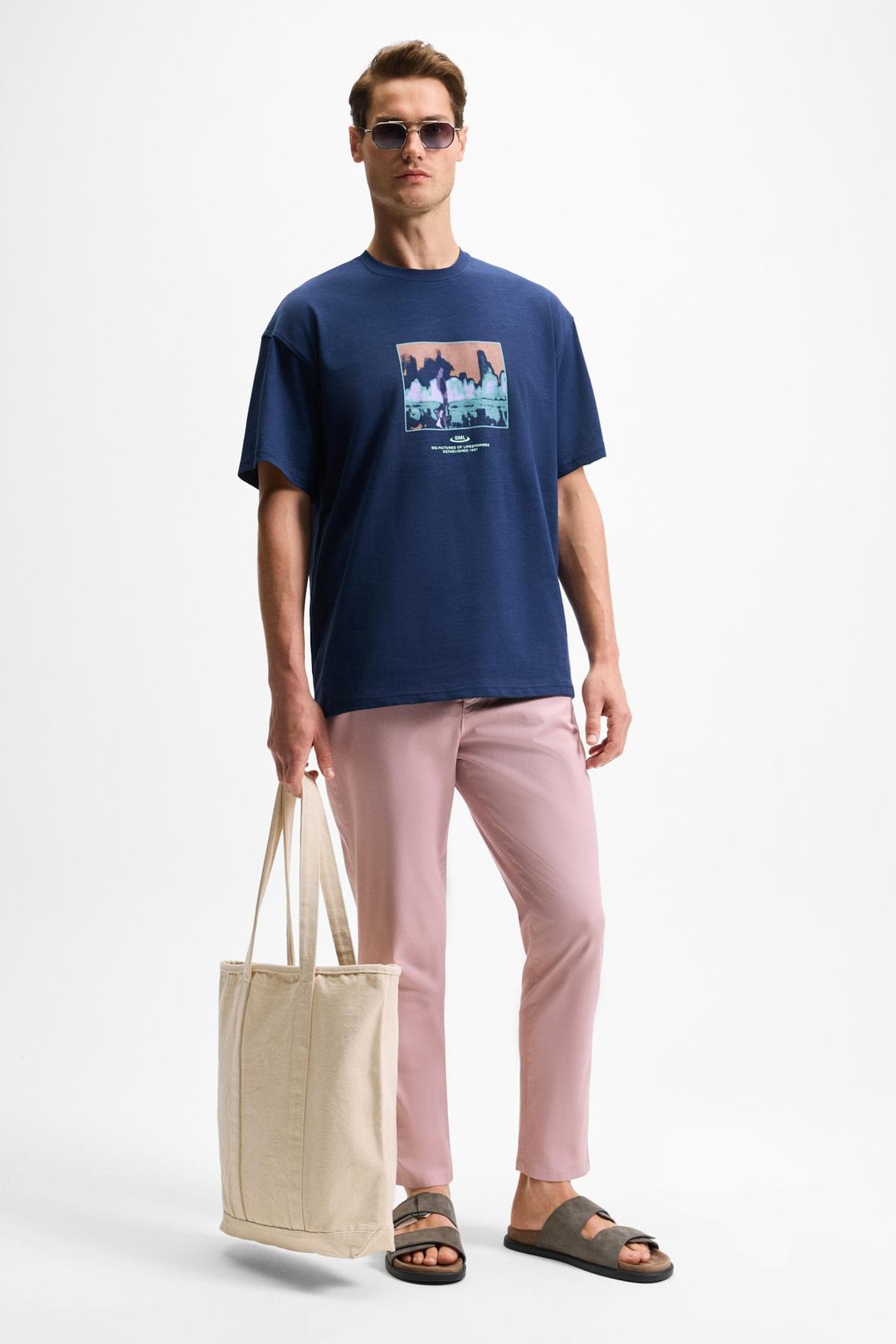 AURA Erkek Baskı Detaylı %100 Organik Pamuk Bisiklet Yaka Kısa Kol Oversize Lacivert T-Shirt