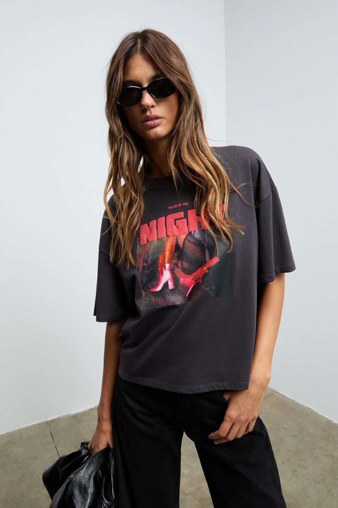 AYUKRA Kadın Yumuşak Ve Esnek Kumaşlı Baskı Detaylı Bisiklet Yakalı Antrasit T-Shirt