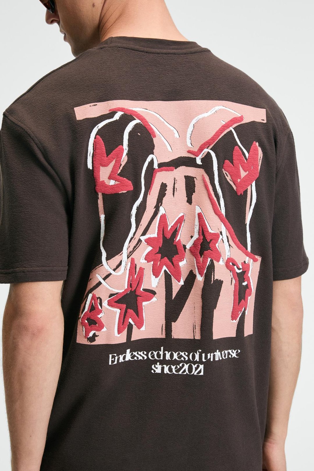 BAGGY Erkek %100 Pamuk Oversize Fit Baskılı Kısa Kollu Yuvarlak Yakalı Kahverengi T-Shirt