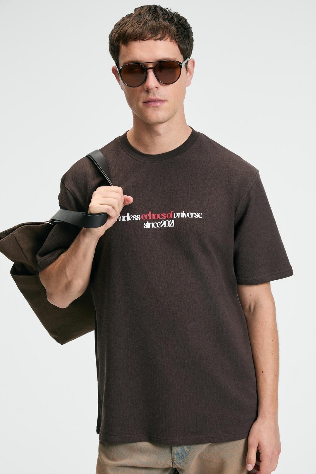 BAGGY Erkek %100 Pamuk Oversize Fit Baskılı Kısa Kollu Yuvarlak Yakalı Kahverengi T-Shirt