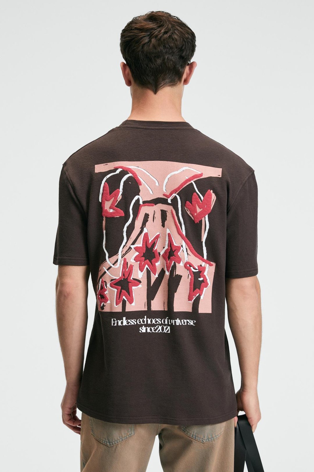 BAGGY Erkek %100 Pamuk Oversize Fit Baskılı Kısa Kollu Yuvarlak Yakalı Kahverengi T-Shirt