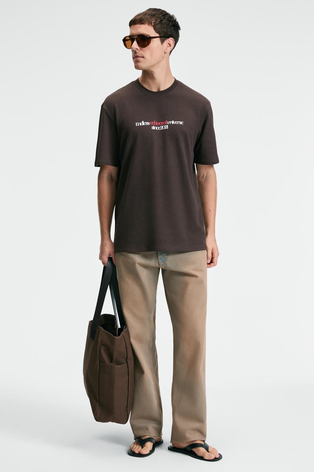 BAGGY Erkek %100 Pamuk Oversize Fit Baskılı Kısa Kollu Yuvarlak Yakalı Kahverengi T-Shirt