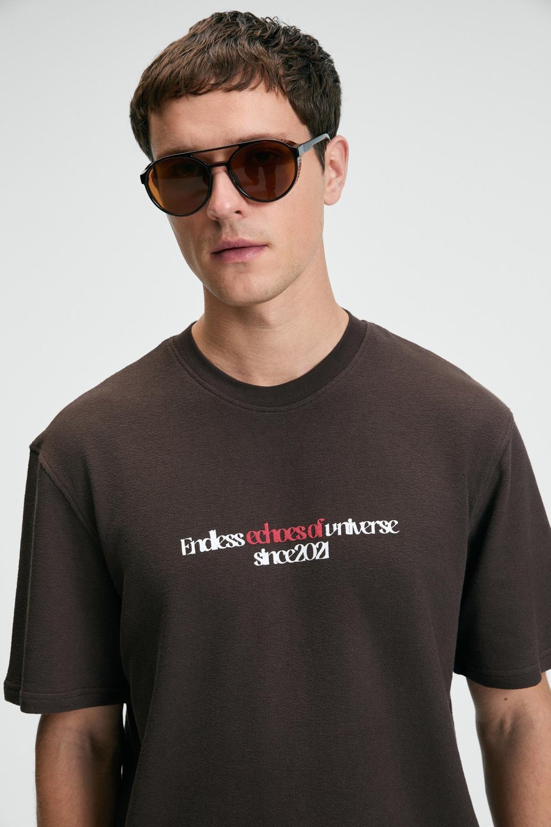 BAGGY Erkek %100 Pamuk Oversize Fit Baskılı Kısa Kollu Yuvarlak Yakalı Kahverengi T-Shirt