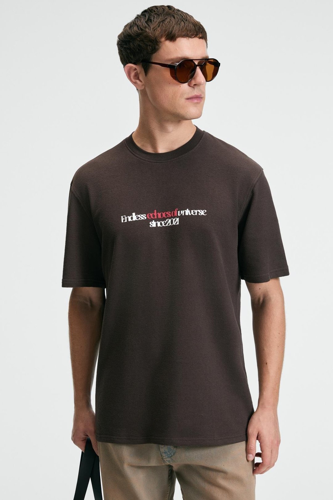 BAGGY Erkek %100 Pamuk Oversize Fit Baskılı Kısa Kollu Yuvarlak Yakalı Kahverengi T-Shirt