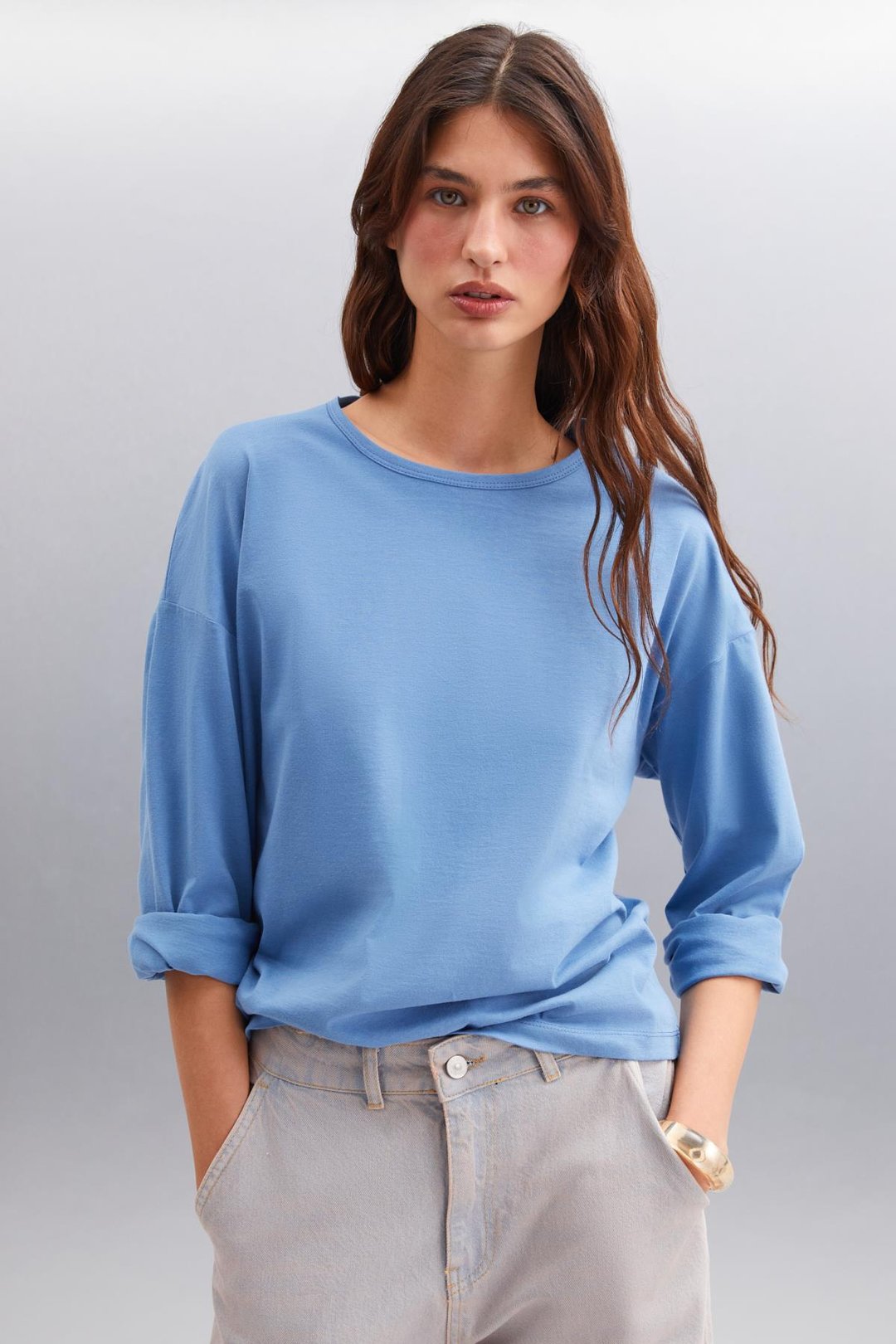 BASIL Erkek Sırt Baskı Detaylı Oversize %100 Organik Pamuk Örme Uzun Kol İndigo T-Shirt