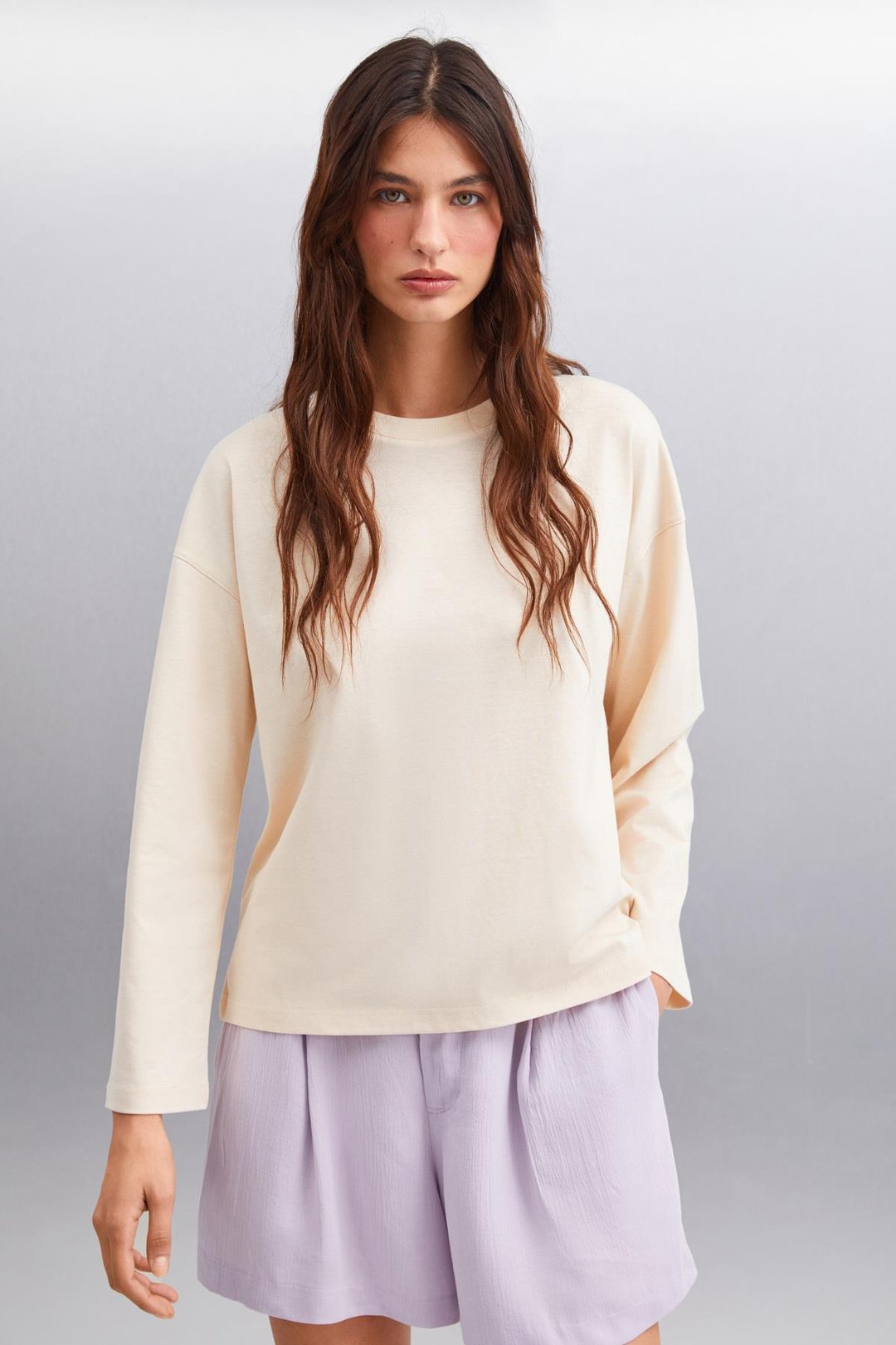 BASIL Erkek Sırt Baskı Detaylı Oversize %100 Organik Pamuk Örme Uzun Kol Bej T-Shirt