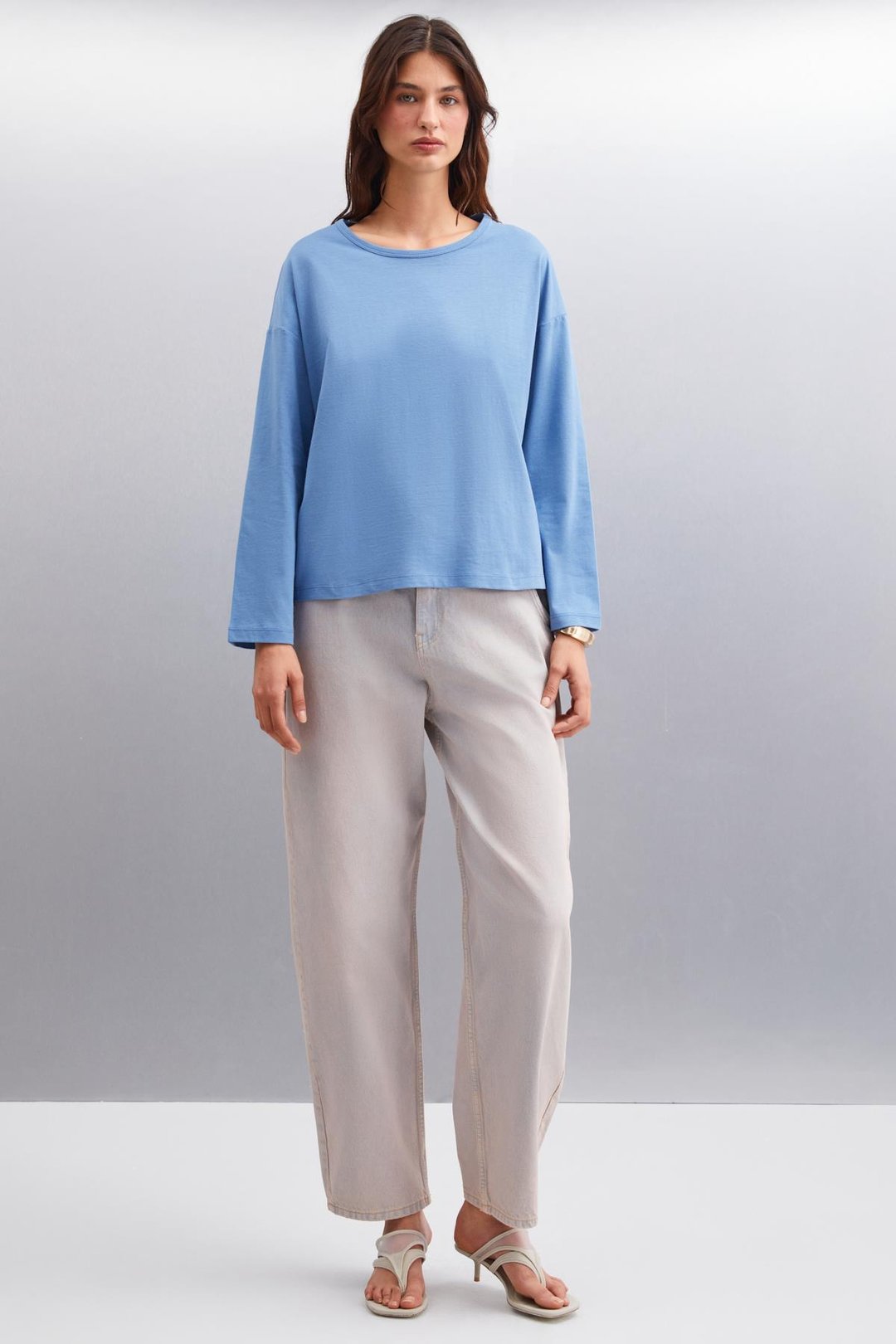 BASIL Erkek Sırt Baskı Detaylı Oversize %100 Organik Pamuk Örme Uzun Kol İndigo T-Shirt