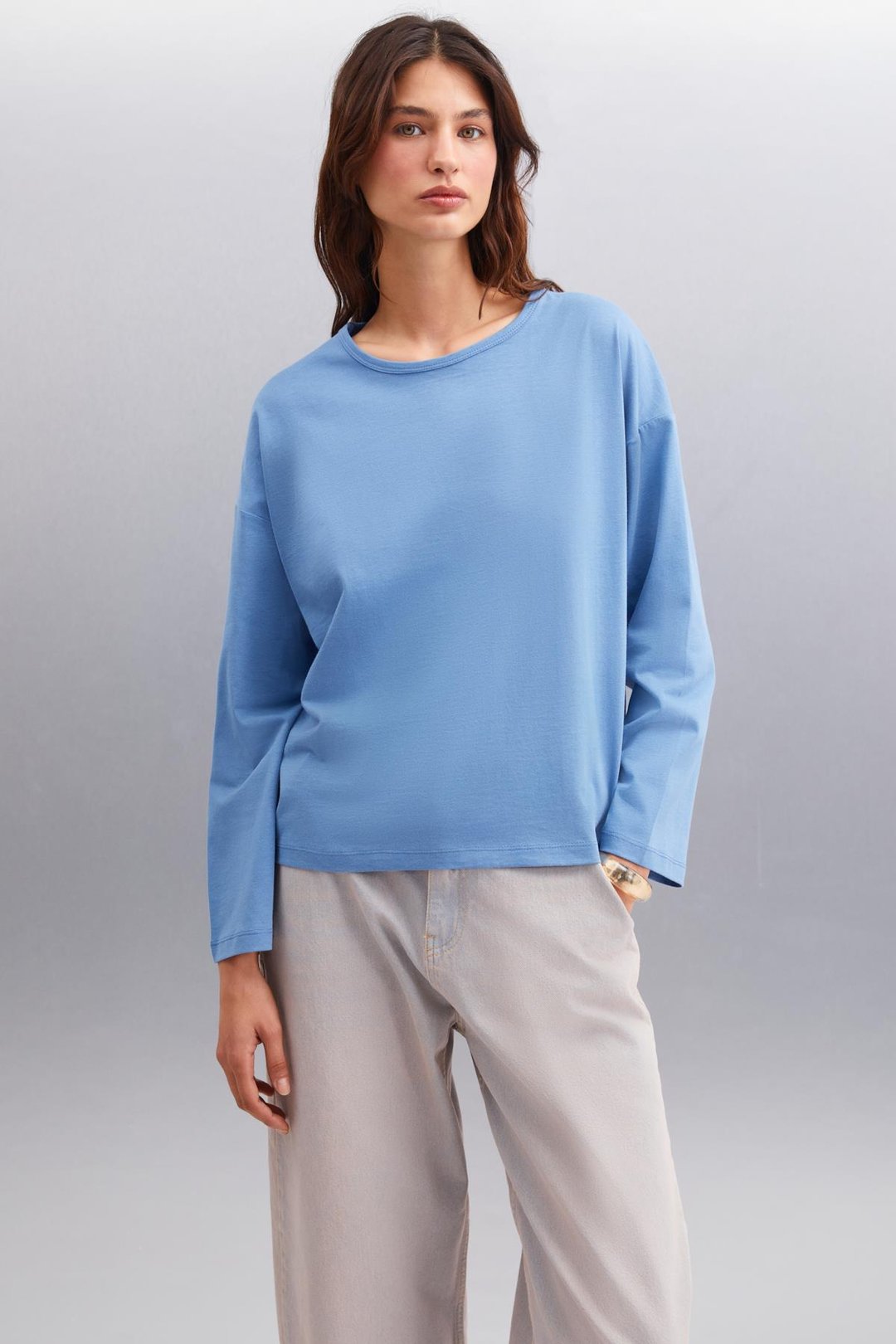 BASIL Erkek Sırt Baskı Detaylı Oversize %100 Organik Pamuk Örme Uzun Kol İndigo T-Shirt