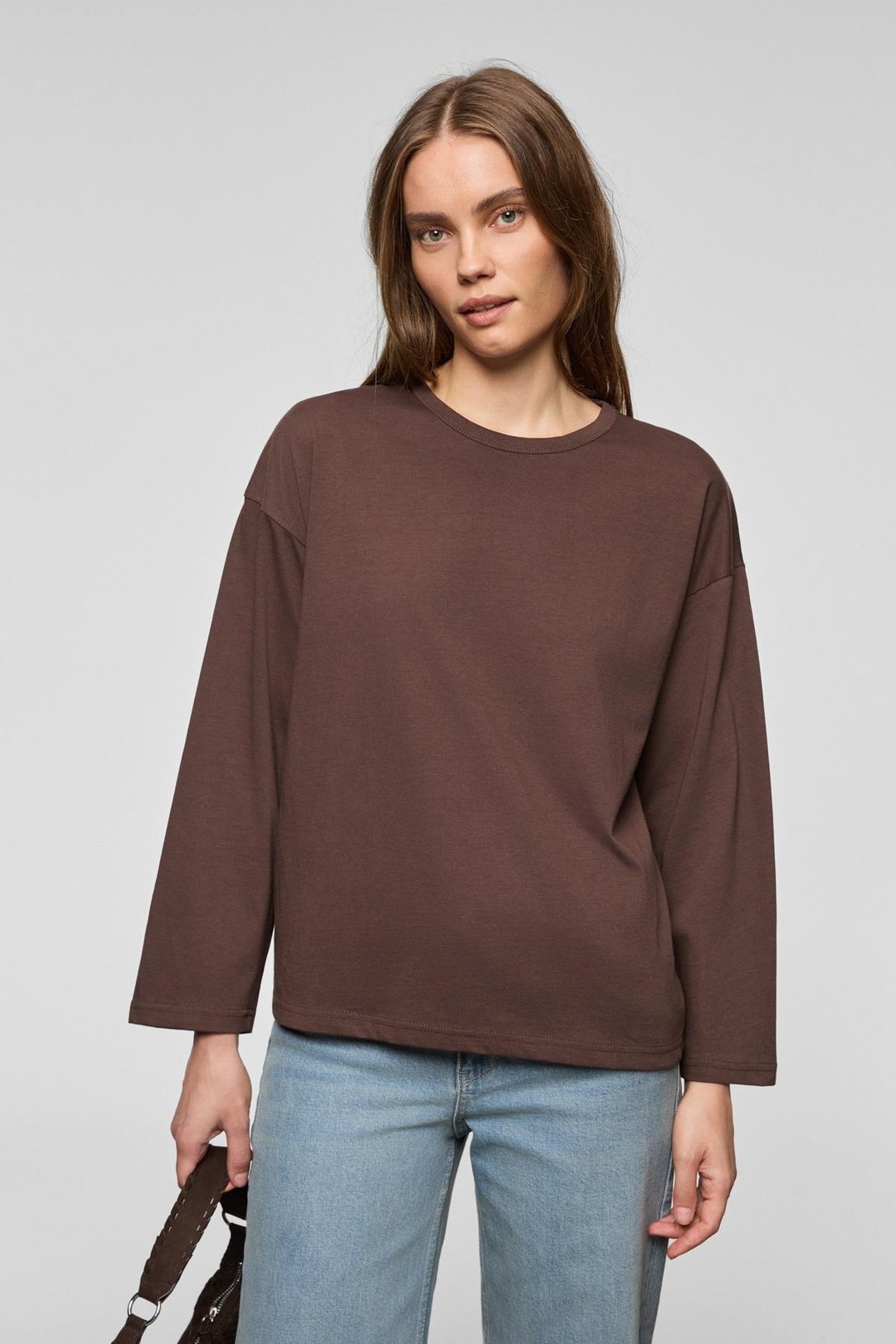 BASIL Kadını Oversize %100 Organik Pamuk Örme Uzun Kol Koyu Kahverengi T-Shirt