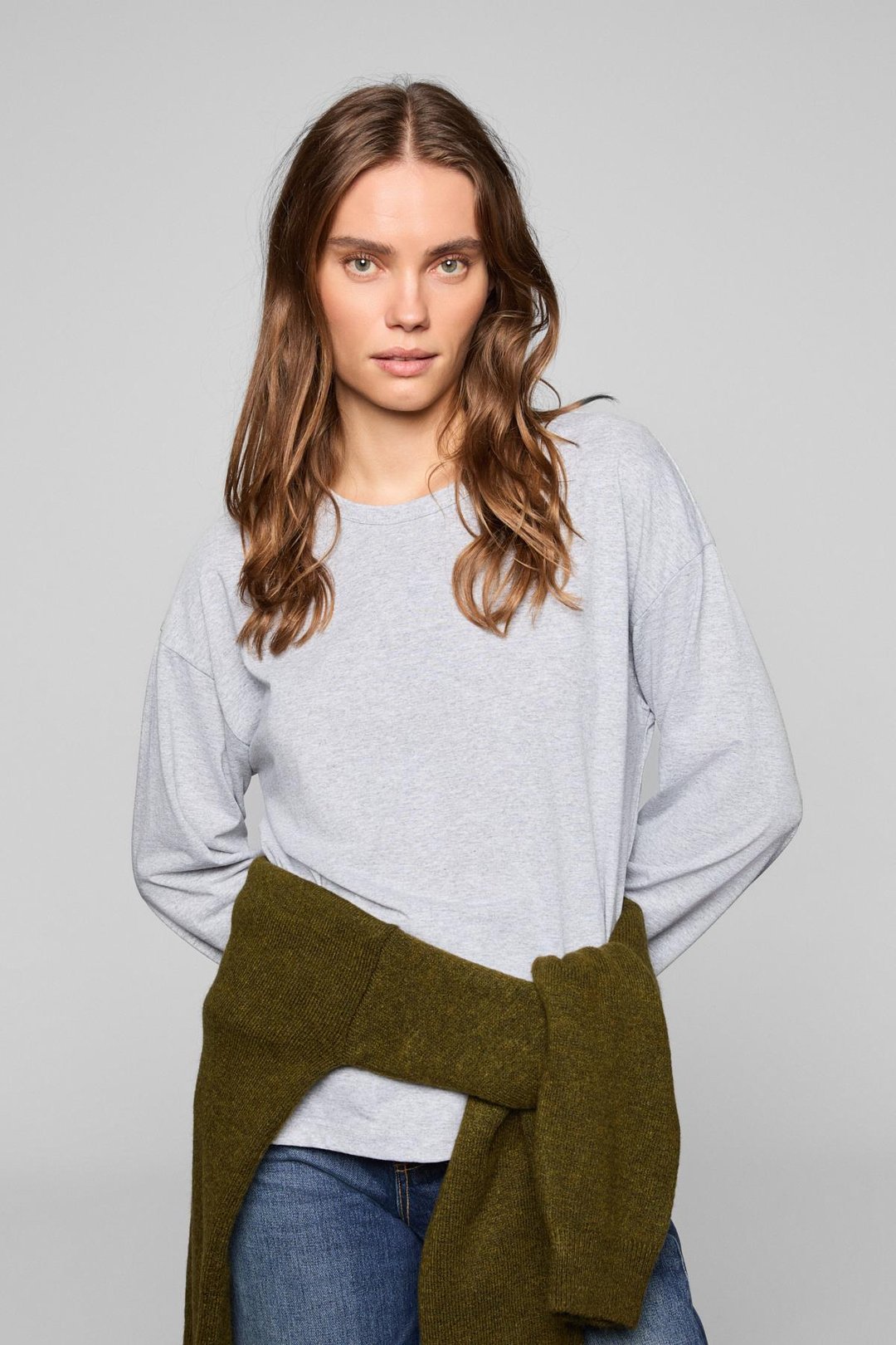 BASIL Kadını Oversize %100 Organik Pamuk Örme Uzun Kol Grimelanj T-Shirt