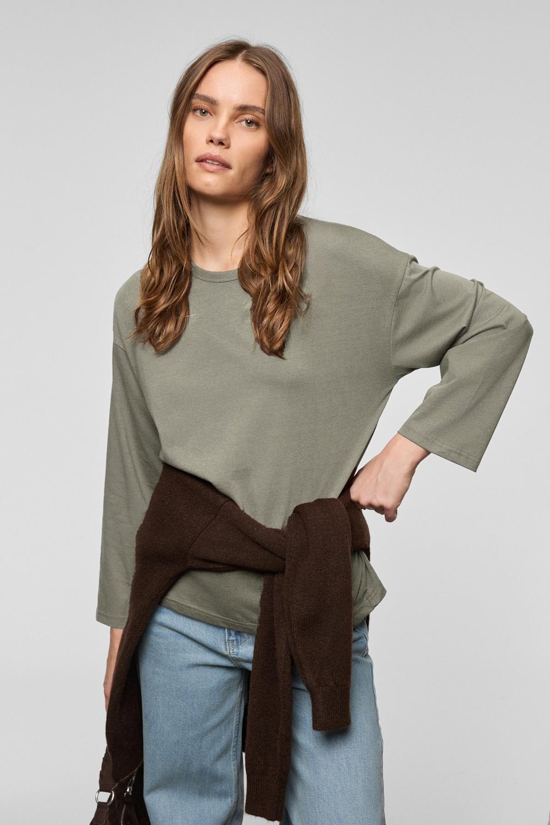 BASIL Kadını Oversize %100 Organik Pamuk Örme Uzun Kol Koyu Gri T-Shirt