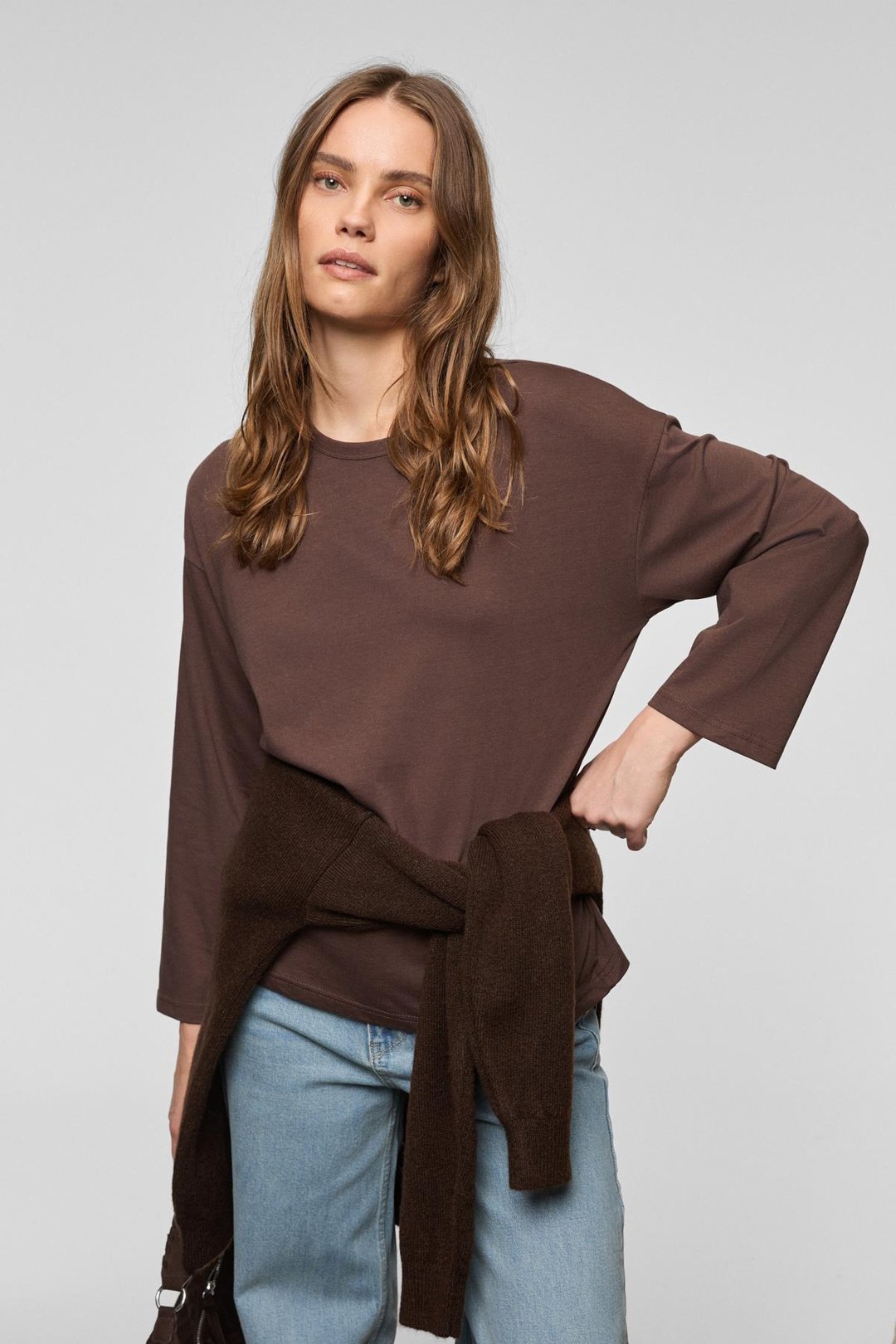 BASIL Kadını Oversize %100 Organik Pamuk Örme Uzun Kol Koyu Kahverengi T-Shirt