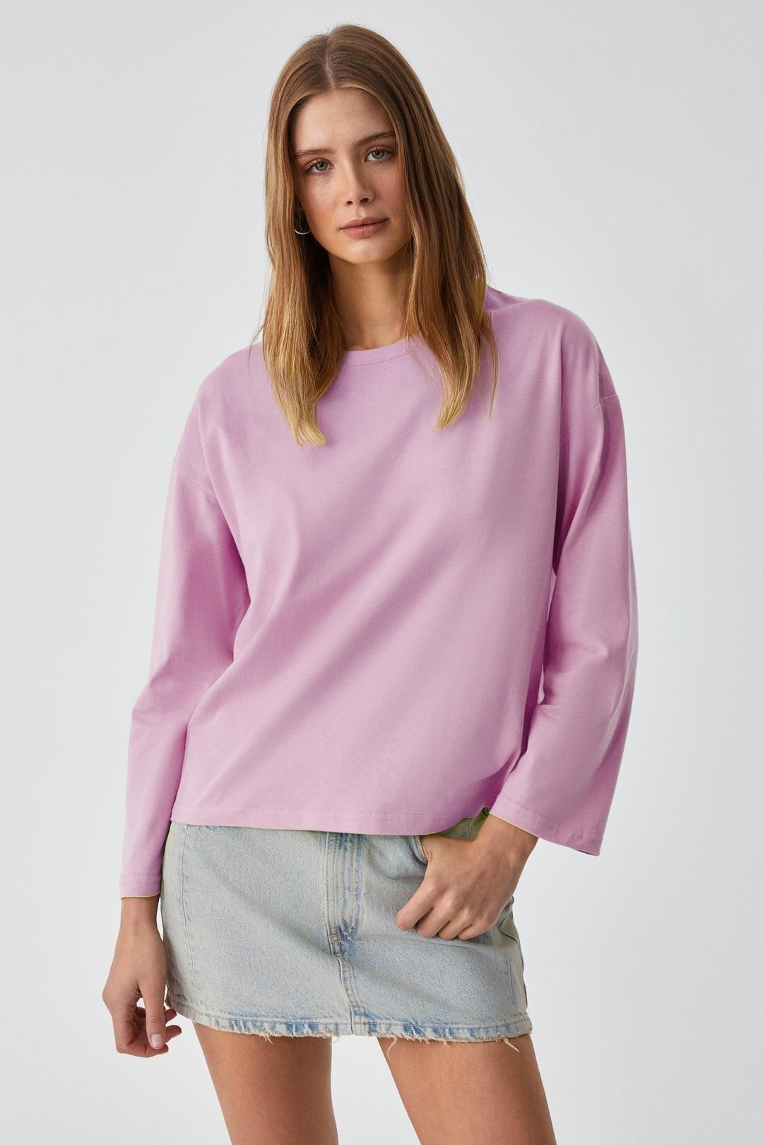BASIL Kadını Oversize %100 Organik Pamuk Örme Uzun Kol Pembe T-Shirt