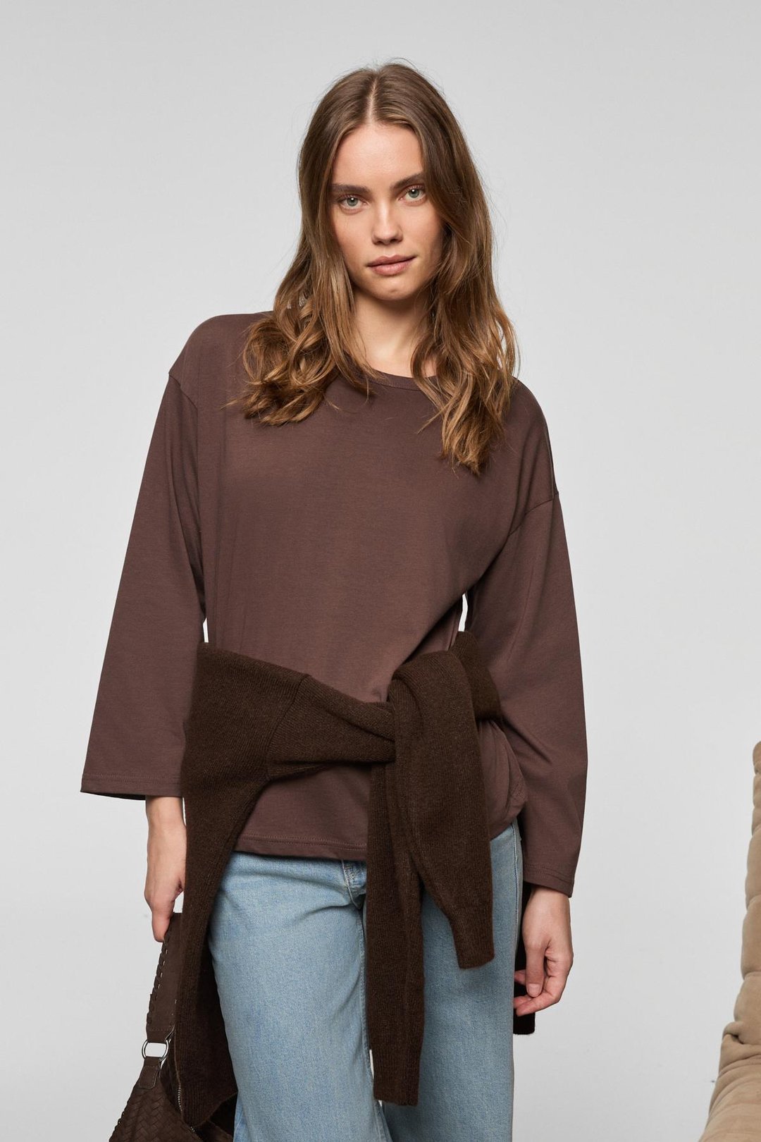 BASIL Kadını Oversize %100 Organik Pamuk Örme Uzun Kol Koyu Kahverengi T-Shirt