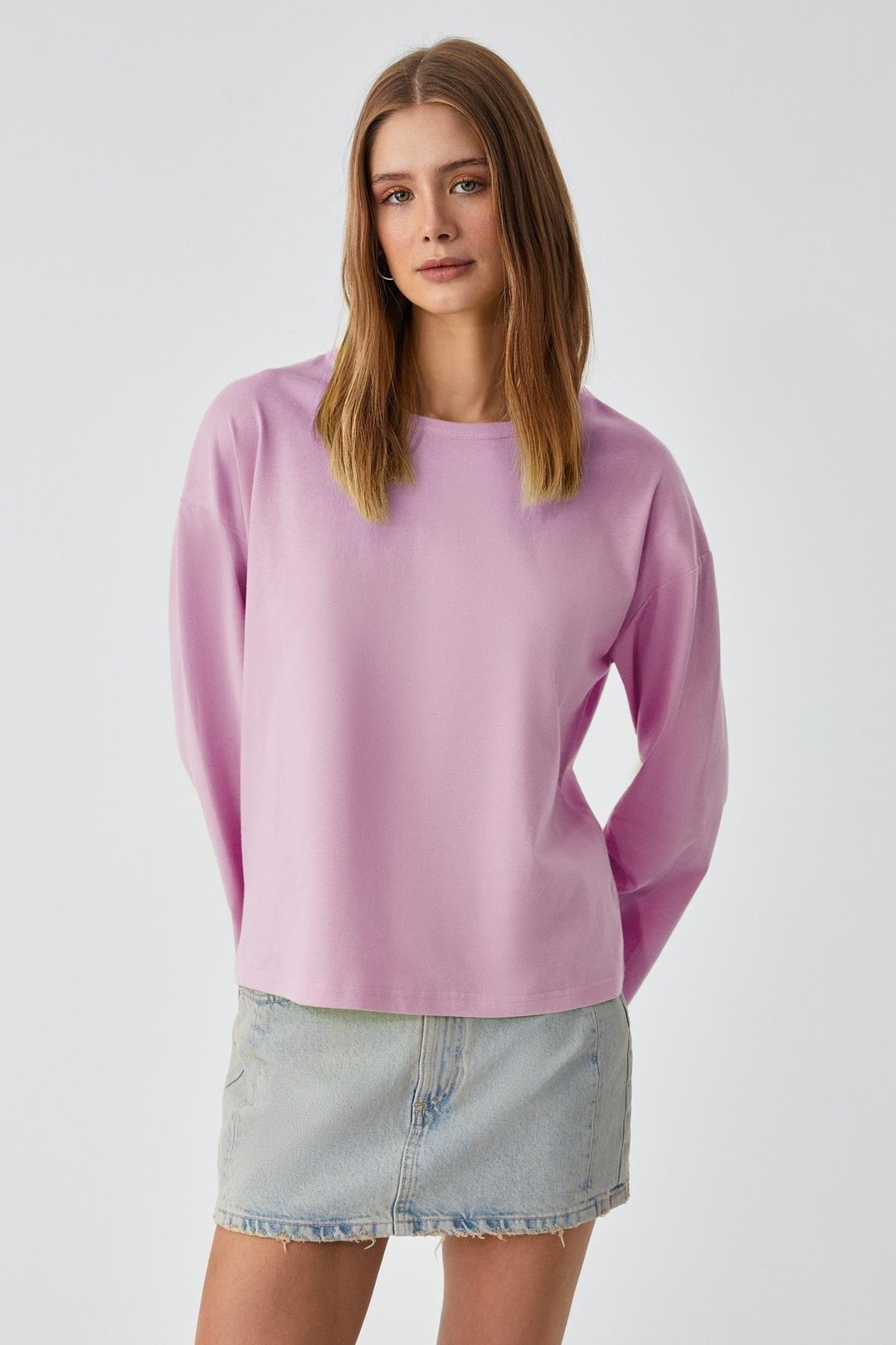BASIL Kadını Oversize %100 Organik Pamuk Örme Uzun Kol Pembe T-Shirt
