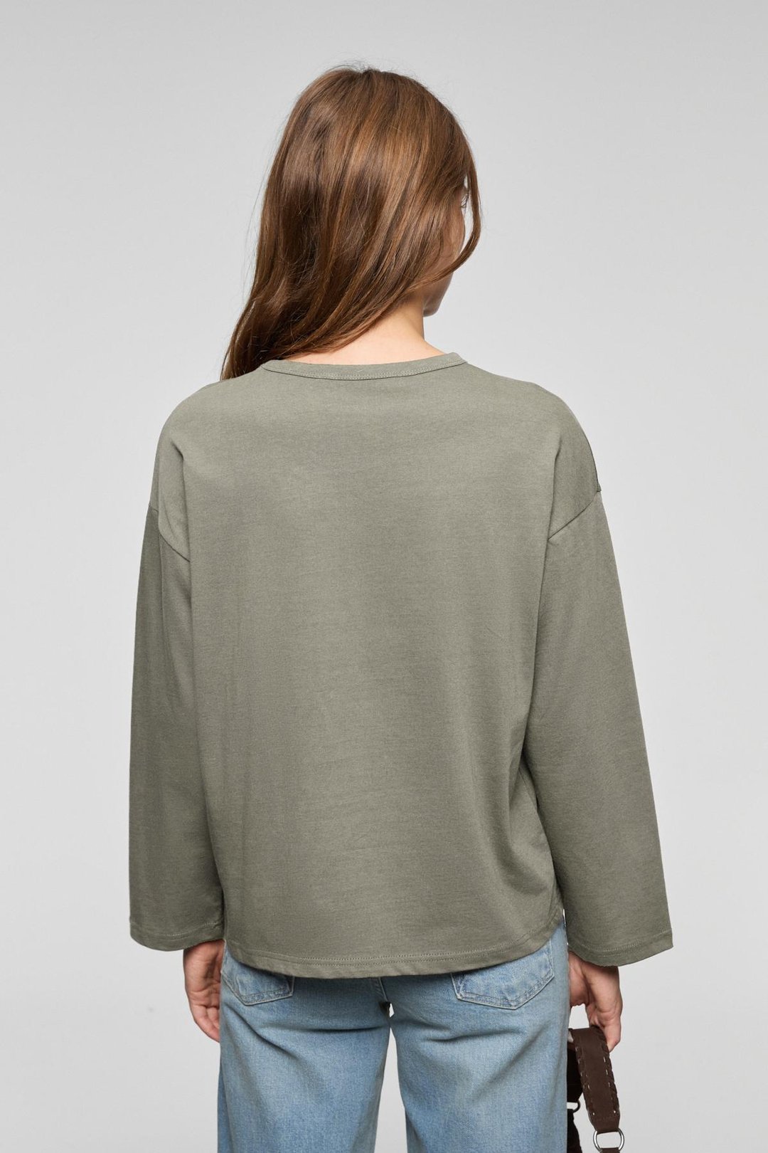 BASIL Kadını Oversize %100 Organik Pamuk Örme Uzun Kol Koyu Gri T-Shirt