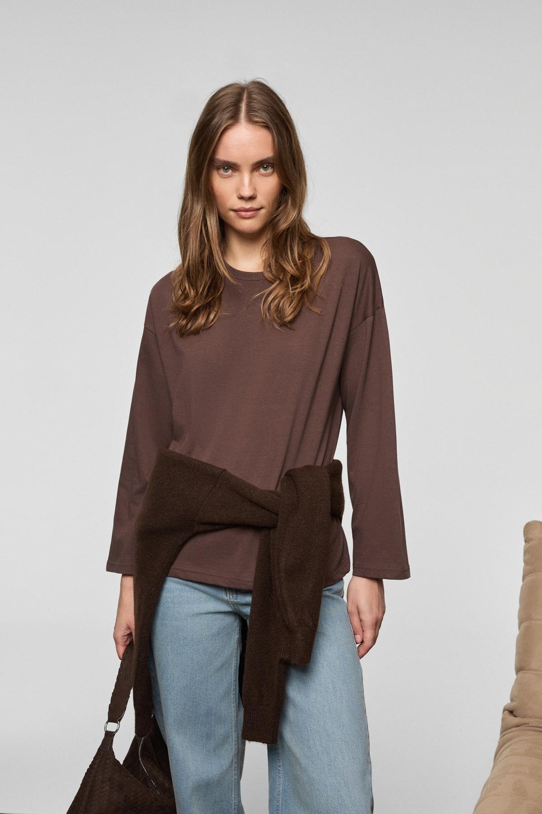 BASIL Kadını Oversize %100 Organik Pamuk Örme Uzun Kol Koyu Kahverengi T-Shirt